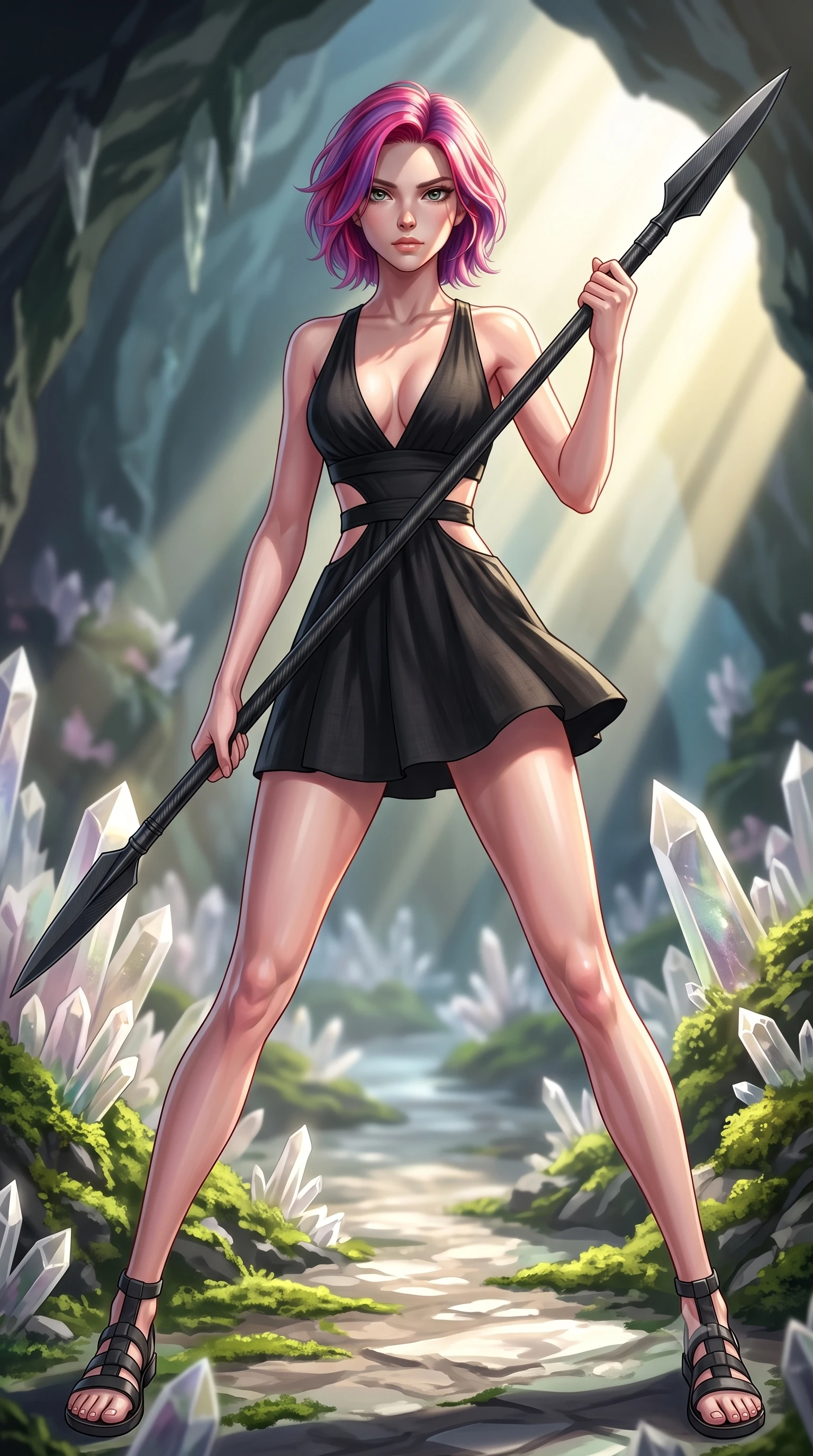 score_9, masterpiece, best quality, ultra-detailed, high-budget anime keyframe, editorial fashion photography, tasteful artistic composition, Caucasian woman. low angle full-body shot from head to toe showing her feet, filling the entire 9:16 vertical frame with her statuesque presence, stretching her vertical silhouette. standing in a dynamic combat stance with a carbon-fiber spear held diagonally, stretching her statuesque body, the background shows a soft-focus a cavern crystal path bordered by sharp quartz formations and moss. She has an absolutely perfect, statuesque 8.5-heads proportion, an exceptionally tall and slender model-like female figure with impossibly long slender legs and an ultra-slim waist. sharp v-shaped jawline, high-bridge nose, intricate jewel-like eyes with depth, thick eyelashes, glossy lips with a natural sheen. wearing a tailored combat sundress with double waist cutouts and a plunging neckline in carbon-black linen. stark afternoon sunbeams slicing through a cave opening, creating sharp shadows. highly saturated vibrant anime colors, detailed shading with soft gradients, rich glossy textures, high-contrast stereoscopic depth, volumetric dynamic lighting, master piece, 9:16 ratio