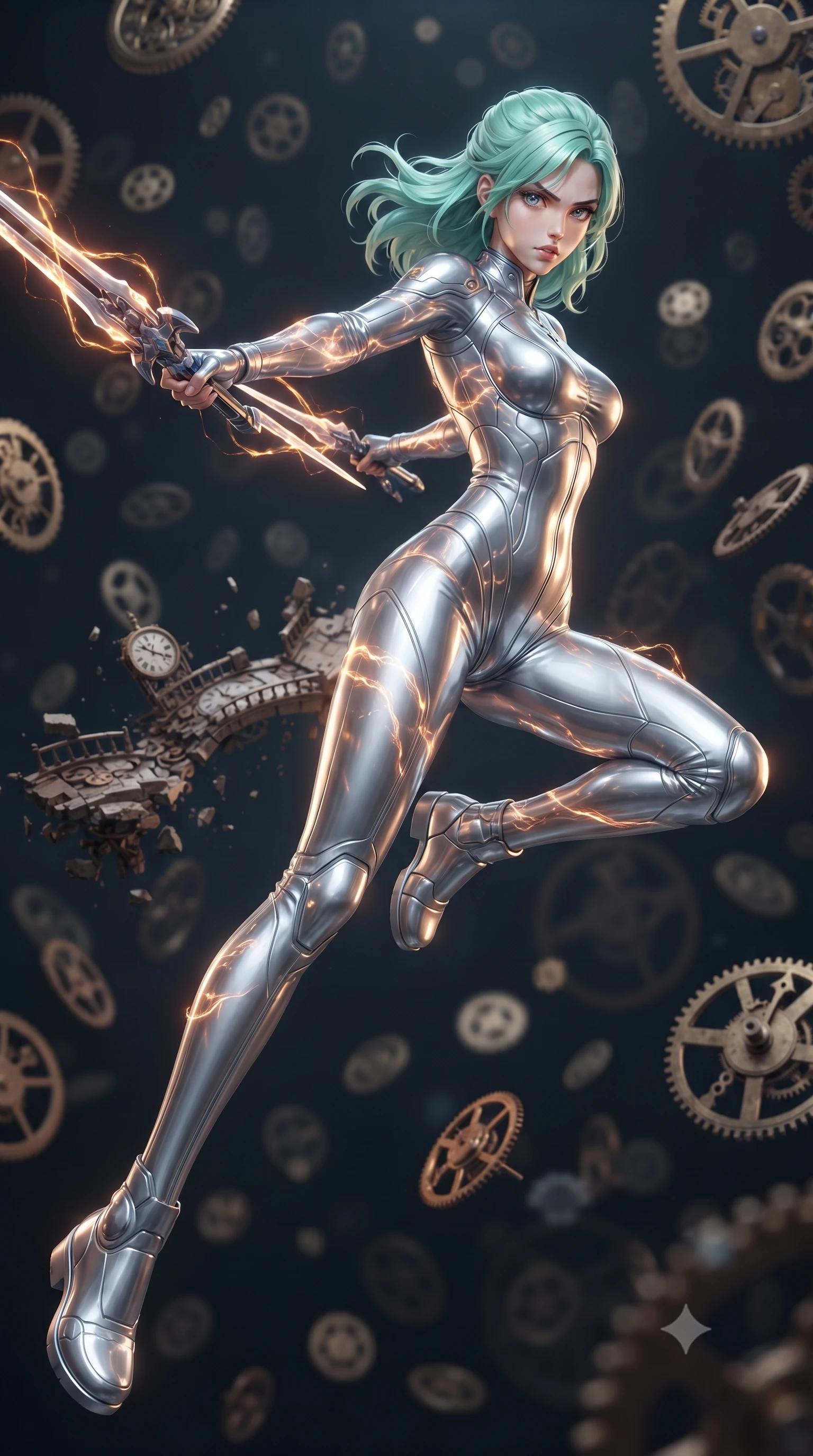 score_9, masterpiece, best quality, ultra-detailed, high-budget anime keyframe, editorial fashion photography, tasteful artistic composition, Japanese woman. low angle full-body shot from head to toe showing her feet, filling the entire 9:16 vertical frame with her statuesque presence, stretching her vertical silhouette. leaping forward while slashing with a twin-bladed plasma sword in mid-air, her body-contouring suit showing her athletic silhouette, the background shows a soft-focus an unstable clockwork bridge suspended in a pocket dimension of floating watch gears. She has an absolutely perfect, statuesque 8.5-heads proportion, an exceptionally tall and slender model-like female figure with impossibly long slender legs and an ultra-slim waist. sharp v-shaped jawline, high-bridge nose, intricate jewel-like eyes with depth, thick eyelashes, glossy lips with a natural sheen. wearing a slim-fit form-contouring liquid silver space flight under-suit, contouring her athletic, slender build. rhythmic pulses of amber chrono-energy waves casting a slow, warm glow. ultra-reflective glossy finish, specular highlights, metallic sheen, high-contrast stereoscopic depth, volumetric dynamic lighting, 2k, ultra detail, master piece, 9:16 ratio