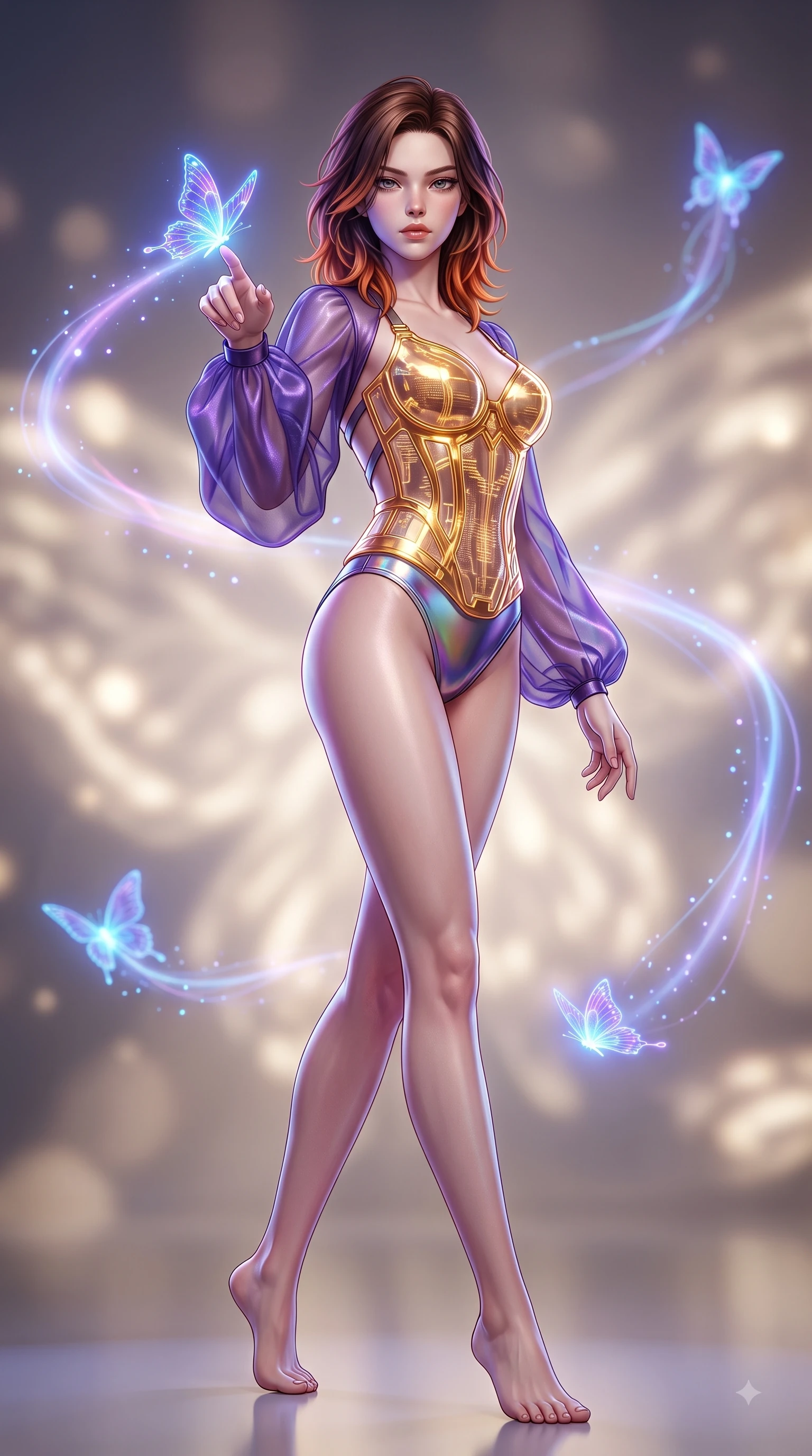 score_9, masterpiece, best quality, ultra-detailed, high-budget anime keyframe, semi-realistic 3D game render, editorial fashion photography, tasteful artistic composition, Korean woman. low angle full-body shot from head to toe showing her feet, filling the entire 9:16 vertical frame with her statuesque presence, stretching her vertical silhouette. striding forward in a proud, statuesque motion with a dangerous smolder, her vertical silhouette dominating the frame from head to toe while reaching one arm out to let a bioluminescent digital butterfly land on her finger with a captivating gaze. The composition keeps background elements in soft focus with creamy bokeh. glowing butterfly flight paths creating soft luminous light trails across the backdrop. She has an absolutely perfect, statuesque 8.5-heads proportion, an exceptionally tall and slender model-like female figure with impossibly long slender legs and an ultra-slim waist. sharp v-shaped jawline, high-bridge nose, intricate jewel-like eyes with depth, thick eyelashes, glossy lips with a natural sheen, flawlessly proportioned anatomical accuracy, natural body alignment, perfectly sculpted elegant limbs, clean dynamic posture without body distortion. wearing a structured translucent cyber-corset paired with high-cut metallic bikini briefs and sheer organza sleeves in lustrous molten gold and pure deep violet, made of smooth iridescent silk chiffon that shifts colors with movement, complemented by criss-cross back straps highlighting her completely bare spine, the sleek aerodynamic cut emphasizing her magnetic presence and alluring physical grace. illuminated by sharp white front key lights and glowing cosmic rim highlights. highly saturated vibrant anime colors, detailed shading with soft gradients, rich glossy textures, high-contrast stereoscopic depth, volumetric dynamic lighting, master piece, 9:16 ratio