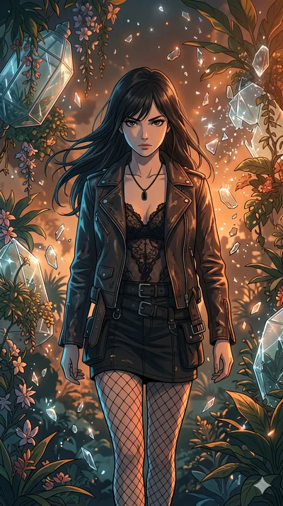 score_9, masterpiece, best quality, ultra-detailed, Set A: High-budget Anime Keyframe, Japanese woman. Upper body close-up from the thighs up, character filling the screen for maximum presence. Walking gracefully through a floating botanical garden, 