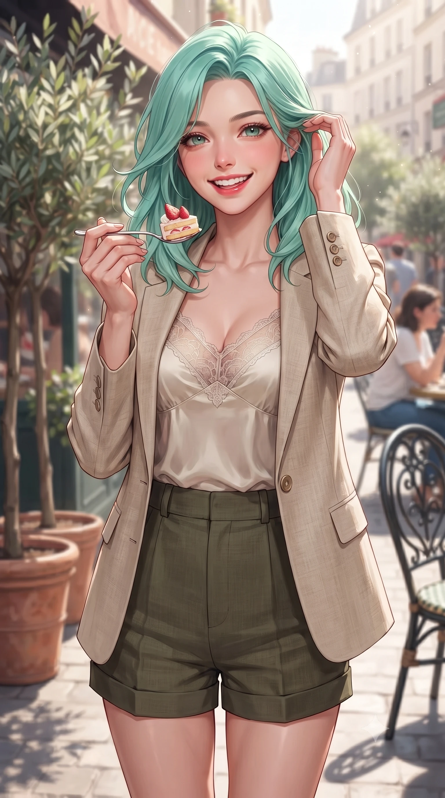 score_9, masterpiece, best quality, ultra-detailed, high-budget anime keyframe, editorial fashion photography, tasteful artistic composition, Japanese woman. close-up cowboy shot from the waist and thighs up, the character dominates the composition, filling the frame with her large presence, background elements kept in soft focus. flashing an intoxicating, sunny grin while brushing a strand of hair away from her face set against a soft-focus background of on a lively street-side bistro terrace next to potted olive trees holding a spoon with a bite of strawberry cake, smiling happily at the camera. She has an exceptionally elegant, slender, and willowy female figure with an ultra-slim waist, a gracefully sculpted slender torso, and a refined silhouette. sharp v-shaped jawline, high-bridge nose, intricate jewel-like eyes with depth, thick eyelashes, glossy lips with a natural sheen. wearing slim-fit delicate silk camisole with lace panels and a tailored blazer worn open over form-contouring shorts. crisp morning sun rays creating a fresh and energetic breakfast atmosphere. highly saturated vibrant anime colors, detailed shading with soft gradients, rich glossy textures, high-contrast stereoscopic depth, volumetric dynamic lighting, master piece, 9:16 ratio