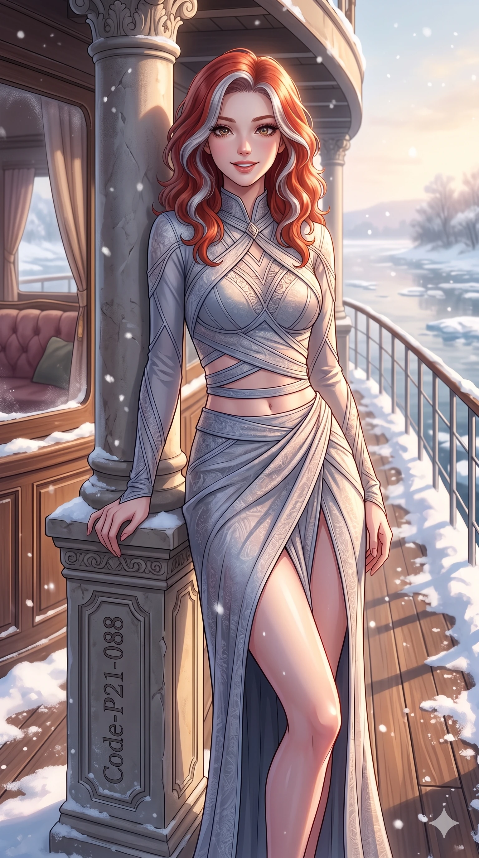 score_9, masterpiece, best quality, ultra-detailed, high-budget anime keyframe, vibrant anime aesthetic, Caucasian woman, strictly human ears. cowboy shot from the thighs up, character and outfit filling the frame for maximum presence. She is leaning against a stone pillar, casting a lively, smiling gaze at the lens in snow on the deck of a luxury riverboat in the winter sun (Code-P21-088). She has an absolutely perfect 8-heads proportion, an exceptionally tall and slender female figure with impossibly long slender legs and an ultra-slim waist. V-shaped jawline, high-bridge nose, intricate jewel-like eyes with depth, thick eyelashes, glossy lips with a natural sheen. wearing a fusion top with an exposed waist and high-slit wrap skirt in winter. She is bathed in a luminous, warm sunshine highlighting her winter silhouette and features. 2k, ultra detail, master piece, 9:16 ratio