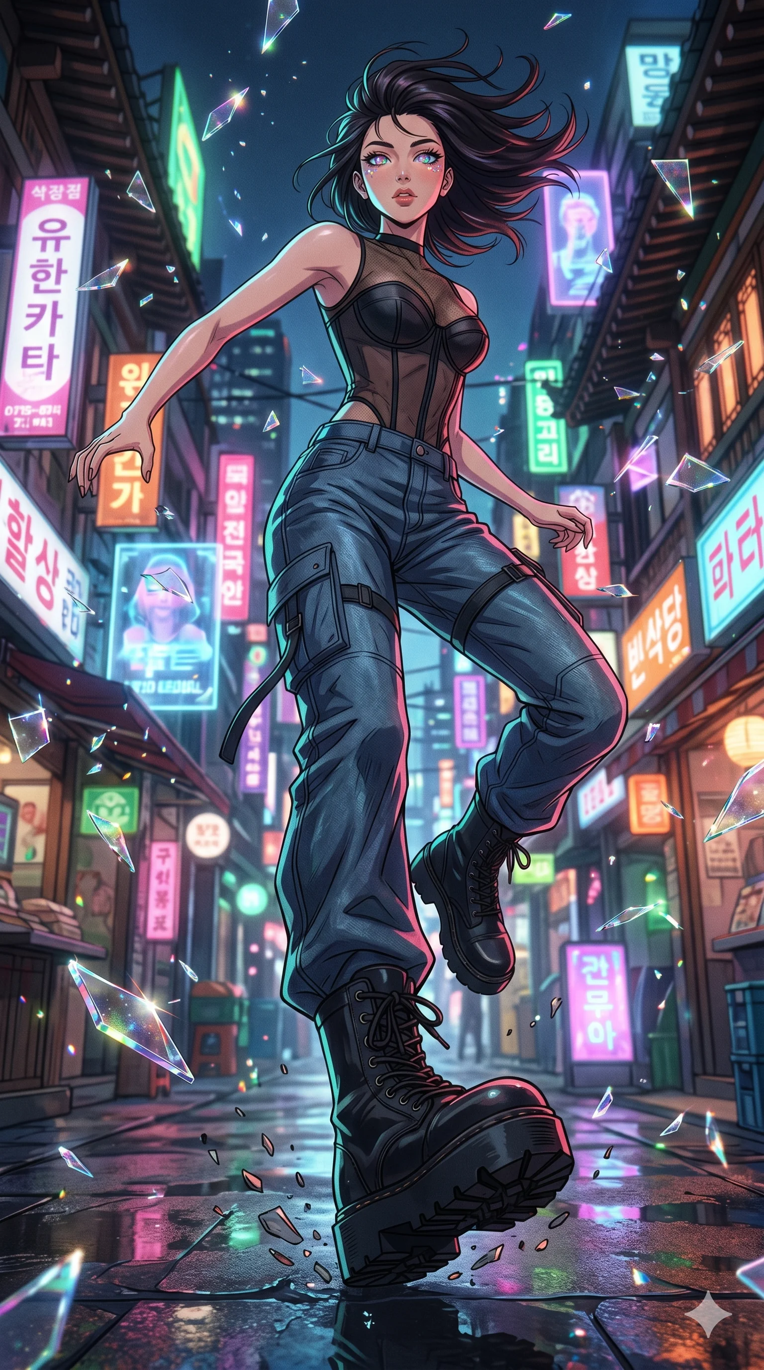 score_9, masterpiece, best quality, ultra-detailed, Set A: High-budget Anime Keyframe, Japanese woman. Low angle cowboy shot filling the entire 9:16 frame with her statuesque presence. Leaping through a neon-lit Neo-Seoul market, while her eyes glow with 100 different colors and surrounded by shattered glass fragments. She has an absolutely perfect 8-heads proportion, an exceptionally tall and slender female figure with impossibly long slender legs and an ultra-slim waist. Sharp v-shaped jawline, high-bridge nose, intricate jewel-like eyes with depth, thick eyelashes, glossy lips with a natural sheen. Wearing Sheer corset top with high-waist tech-denim and heavy platform combat boots. Cinematic lighting, vibrant colors, dramatic shadows, 2k, ultra detail, master piece, 9:16 ratio