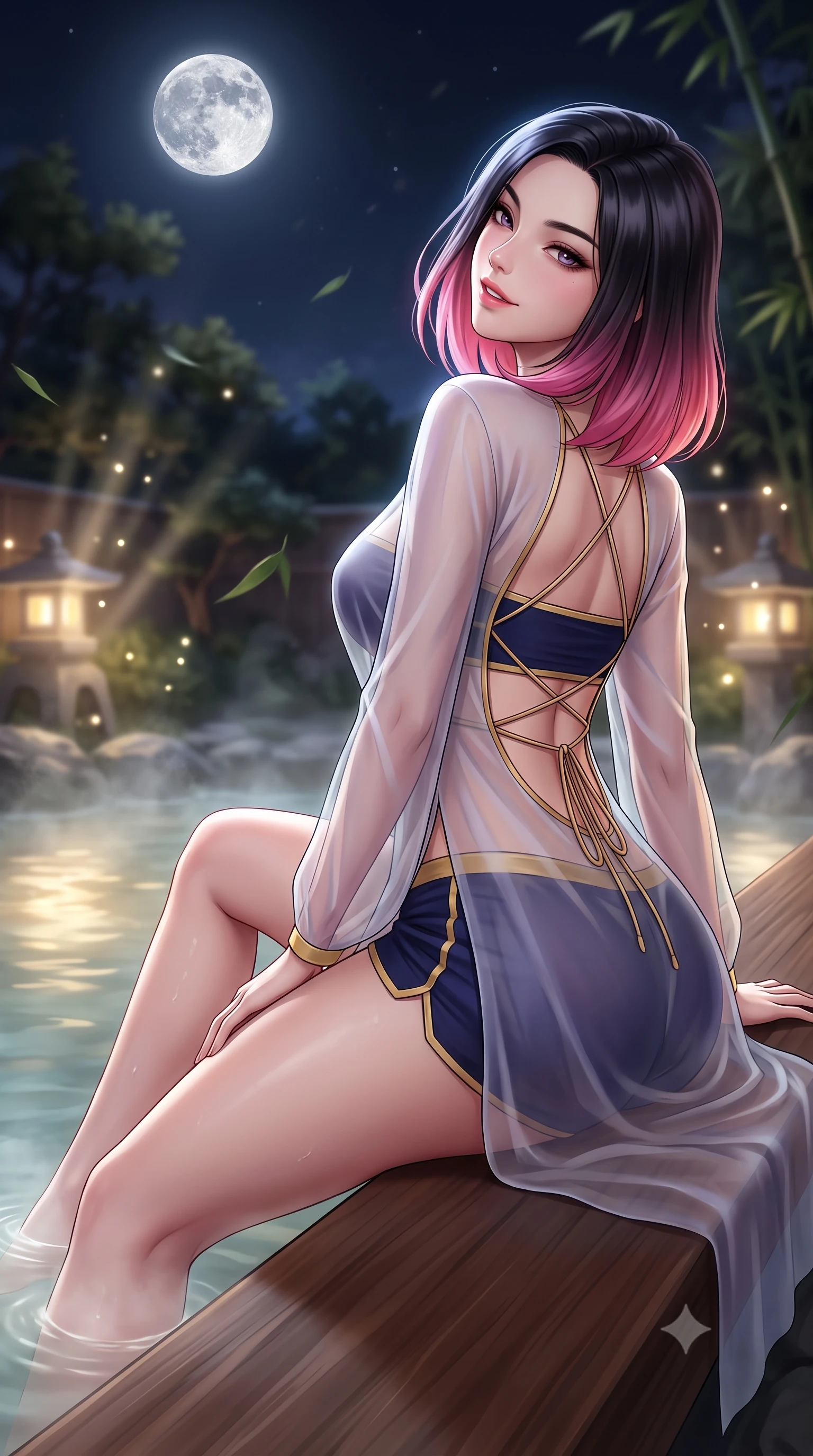 score_9, masterpiece, best quality, ultra-detailed, high-budget anime keyframe, semi-realistic 3D game render, editorial fashion photography, tasteful artistic composition, Korean woman. close-up cowboy shot from the waist and thighs up, the character dominates the composition, filling the frame with her large presence. turning over a bare shoulder with an intoxicating, teasing smile, her soft hair framing her sharp jawline as her hips angle gracefully while reclining on the cedar bench with legs extended toward the warm water, head tilted back toward the full moon with smoldering bedroom-eyes. The composition keeps background elements in soft focus with creamy bokeh. drifting bamboo leaves and glowing lantern light rays scattering soft luminous light motes. She has an exceptionally elegant, slender, and willowy female figure with an ultra-slim waist, a gracefully sculpted slender torso, toned flat midriff, and rounded feminine hips creating an alluring hourglass silhouette. sharp v-shaped jawline, high-bridge nose, intricate jewel-like eyes with depth, thick eyelashes, glossy parted lips with a natural sheen, intensely captivating and seductive bedroom-eyes expression, flawlessly proportioned anatomical accuracy, strict slender model proportions, natural body alignment, perfectly sculpted long slender limbs, ultra-slim waistline, clean dynamic posture without body distortion. wearing a sheer chiffon onsen coverup worn over a form-contouring gold-piped bandeau and micro-shorts in midnight indigo and glowing starlight gold, tailored from crisp ceremonial cotton and multi-layered translucent chiffon, finished with a dramatic open back framed by criss-cross delicate silk cords, the second-skin form-contouring cut accentuating her sculpted flat midriff, narrow waistline, and dramatically curvy hips without adding bulk. surrounded by a tranquil, poetic, and deeply sensual Japanese ryokan muse aura. highly saturated vibrant anime colors, detailed shading with soft gradients, rich glossy textures, high-contrast stereoscopic depth, volumetric dynamic lighting, master piece, 9:16 ratio