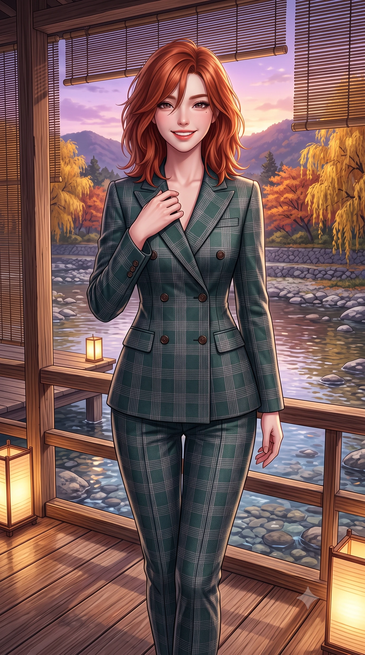 score_9, masterpiece, best quality, ultra-detailed, high-budget anime keyframe, semi-realistic 3D game render, editorial fashion photography, tasteful artistic composition, Korean woman. close-up cowboy shot from the waist and thighs up, the character dominates the composition, filling the frame with her large presence. resting one hand gracefully on her tailored blazer lapel while looking into the camera with bright, sparkling eyes while standing poised on the wooden kawayuka deck suspended over the clear riverbank, looking out at autumn willows with a bright, beaming smile. The surrounding environment is rendered in vivid detail and crisp panoramic clarity: sharp weather-beaten cedar wood decking textures, river stones in clear shallow water, and bamboo lattice blinds in deep focus. She has an exceptionally elegant, slender, and willowy female figure with an ultra-slim waist, flat toned midriff, narrow ribcage, and sculpted feminine hips creating an alluring, slim hourglass silhouette without bulk. sharp v-shaped jawline, high-bridge nose, intricate jewel-like sparkling eyes with depth, thick eyelashes, glossy parted lips with a natural peach sheen, bright cheerful beaming smile with an enchanting and coquettish sensual glint, exuding both youthful cute charm and seductive allure, flawlessly proportioned anatomical accuracy, strict slender model proportions, natural body alignment, perfectly sculpted long slender limbs, ultra-slim waistline, clean dynamic posture without body distortion. wearing a refined double-breasted wool gabardine pantsuit with clean minimalist tailoring and a concealed placket in St. Moritz pine forest emerald and heather grey, made of crisp Egyptian cotton poplin with pristine tailored pressing, featuring delicate tonal horn buttons and meticulous hand-stitched pick-lapel borders, the precision-cut high-waisted tailoring accentuating her ultra-slim waist and long slender leg line with immaculate aristocratic poise. bathed in the soft purple-gold twilight glow of autumn sunset over the Higashiyama mountains mixed with warm paper lantern lights. highly saturated vibrant anime colors, detailed shading with soft gradients, rich glossy textures, high-contrast stereoscopic depth, volumetric dynamic lighting, master piece, 9:16 ratio