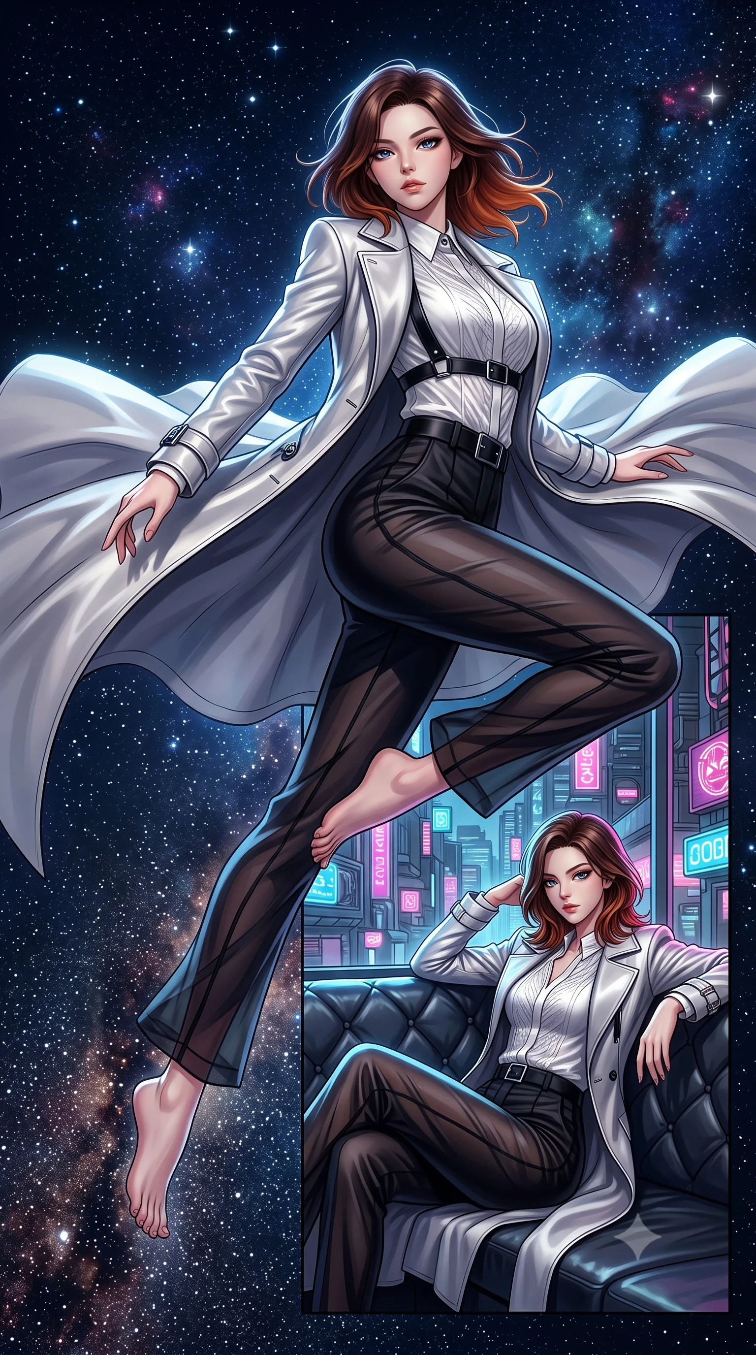 score_9, masterpiece, best quality, ultra-detailed, high-budget anime keyframe, editorial fashion photography, tasteful artistic composition, Korean woman. low angle full-body shot from head to toe showing her feet, filling the entire 9:16 vertical frame with her statuesque presence, stretching her vertical silhouette. leaping dynamically through the starry space, her posture full of power and elegance, lounging on a dark vinyl couch in a private retro-futuristic lounge at 2 AM, chic urban cyberpunk allure with intense visual presence. She has an absolutely perfect, statuesque 8.5-heads proportion, an exceptionally tall and slender model-like female figure with impossibly long slender legs and an ultra-slim waist. sharp v-shaped jawline, high-bridge nose, intricate jewel-like eyes with depth, thick eyelashes, glossy lips with a natural sheen. wearing structured platinum leather long coat over white silk blouse and tailored slacks in pitch-black onyx, made of sheer dark organza overlay, adorned with minimalist black onyx hardware framing the silhouette, accentuating her gracefully sculpted slender torso. lit by piercing key rays emerging from deep futuristic shadows. highly saturated vibrant anime colors, detailed shading with soft gradients, rich glossy textures, high-contrast stereoscopic depth, volumetric dynamic lighting, master piece, 9:16 ratio