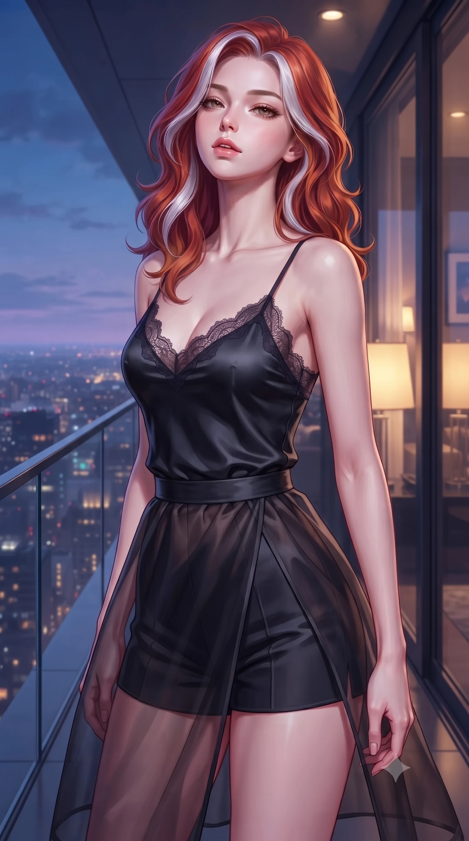 score_9, masterpiece, best quality, ultra-detailed, high-budget anime keyframe, editorial fashion photography, tasteful artistic composition, Caucasian woman. close-up cowboy shot from the waist and thighs up, the character dominates the composition, filling the frame with her large presence, background elements kept in soft focus. tilting her chin up slightly with lips parted in a composed, provocative expression the background shows a soft-focus a high-rise executive suite balcony with sleek glass railings looking over the city. She has an exceptionally elegant, slender, and willowy female figure with an ultra-slim waist, a gracefully sculpted slender torso, and a refined silhouette. sharp v-shaped jawline, high-bridge nose, intricate jewel-like eyes with depth, thick eyelashes, glossy lips with a natural sheen. wearing a tailored delicate lace-trim camisole in black silk, paired with a sheer organza wrap skirt and shorts. dramatic twilight sky lighting contrasting with warm interior room lamps. highly saturated vibrant anime colors, detailed shading with soft gradients, rich glossy textures, high-contrast stereoscopic depth, volumetric dynamic lighting, master piece, 9:16 ratio