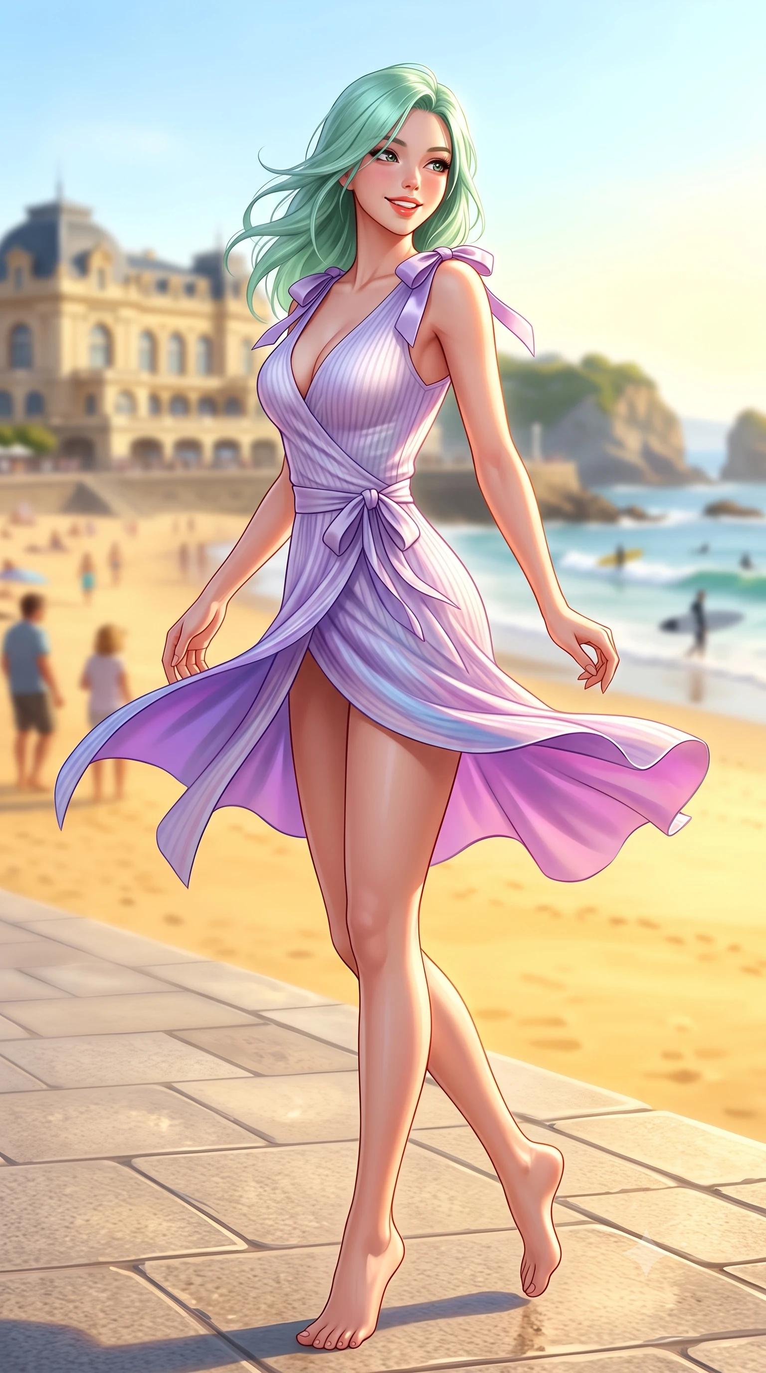 score_9, masterpiece, best quality, ultra-detailed, high-budget anime keyframe, semi-realistic 3D game render, editorial fashion photography, tasteful artistic composition, Japanese woman. low angle full-body shot from head to toe showing her feet, filling the entire 9:16 vertical frame with her statuesque presence, stretching her vertical silhouette. executing a cheerful mid-motion pivot turn as her skirt flutters around her slender legs, glancing over her shoulder with an intoxicating, teasing cute expression while turning in an alluring S-curve as ocean trade winds whip her silk wrap skirt, gazing toward the historic casino palace with parted glossy lips. The composition keeps background elements in soft focus with dreamy creamy bokeh. distant rocky cliffs and surfers softened in glamorous French Basque shallow focus. She has an exceptionally tall and slender model-like 8.5-heads proportion, an ultra-slim waist, a flat toned midriff, narrow delicate ribcage, and beautifully sculpted feminine hips creating a graceful, slim hourglass silhouette without any bulky heaviness, with impossibly long slender legs. sharp v-shaped jawline, high-bridge nose, intricate jewel-like sparkling eyes with depth, thick eyelashes, glossy parted lips with a natural peach sheen, bright cheerful beaming smile with an enchanting and coquettish sensual glint, exuding both youthful cute charm and seductive allure, flawlessly proportioned anatomical accuracy, strict slender model proportions, natural body alignment, perfectly sculpted long slender limbs, ultra-slim waistline, clean dynamic posture without body distortion. wearing a breezy wrap mini dress with a deep V-neckline and tie-waist accentuating her sculpted flat midriff and hips in delicate lavender violet and pearlescent white, formed from supple second-skin stretch ribbed knit clinging to her form, finished with cute satin bow ribbons tying at the shoulders, the form-fitting cut adhering flawlessly to her sculpted flat midriff and slender torso, emphasizing her long leg lines and perfectly proportioned willowy build. bathed in brilliant golden hour Atlantic sunlight and intense golden sand bounce fill. highly saturated vibrant anime colors, detailed shading with soft gradients, rich glossy textures, high-contrast stereoscopic depth, volumetric dynamic lighting, master piece, 9:16 ratio