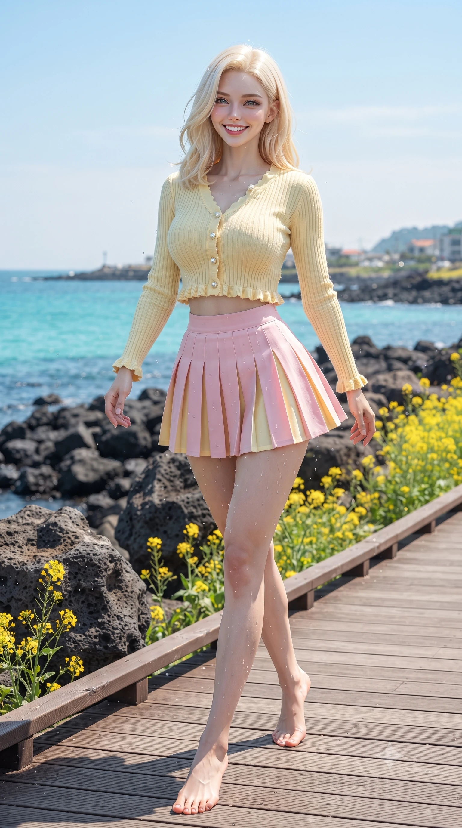 score_9, masterpiece, best quality, ultra-detailed, high-budget anime keyframe, editorial fashion photography, tasteful artistic composition, Caucasian woman. low angle full-body shot from head to toe showing her feet, filling the entire 9:16 vertical frame with her statuesque presence, stretching her vertical silhouette. stepping forward gracefully in mid-motion with a radiant beaming smile, hips swaying in an alluring kinetic rhythm that accentuates her curvy hourglass silhouette and long slender legs while striding cheerfully along the elevated wooden boardwalk beside dark basalt sea rocks, arching her back as yellow canola flowers dance in the sea breeze. The surrounding environment is rendered in vivid detail and crisp panoramic clarity. detailed linen dress weave, sea spray droplets on skin, and Jeju coastline clarity in high resolution. She has an exceptionally tall and slender model-like 8.5-heads proportion, an ultra-slim waist, a flat toned midriff, narrow delicate ribcage, and beautifully sculpted feminine hips creating a graceful, slim hourglass silhouette without any bulky heaviness, with impossibly long slender legs. sharp v-shaped jawline, high-bridge nose, intricate jewel-like sparkling eyes with depth, thick eyelashes, glossy parted lips with a natural peach sheen, bright cheerful beaming smile with an enchanting and coquettish sensual glint, exuding both youthful cute charm and seductive allure, flawlessly proportioned anatomical accuracy, strict slender model proportions, natural body alignment, perfectly sculpted long slender limbs, ultra-slim waistline, clean dynamic posture without body distortion. wearing a cropped pastel ribbed knit cardigan paired with an ultra-short high-waisted pleated tennis skirt clinging tightly to her curvy hips in sweet strawberry milk pink and butter yellow, tailored from crisp cotton poplin with clean structural lines, finished with subtle ruffle trims and delicate pearl buttons, the liquid-tight tailored fabric clinging flawlessly to her narrow waist and rounded feminine hips, emphasizing every millimeter of her sculpted slim hourglass curves without any bulky heaviness. bathed in brilliant island sunshine and vibrant turquoise sea bounce fill. ultra-reflective glossy finish, specular highlights, rich textural contrasts, high-contrast stereoscopic depth, volumetric dynamic lighting, 2k, ultra detail, master piece, 9:16 ratio