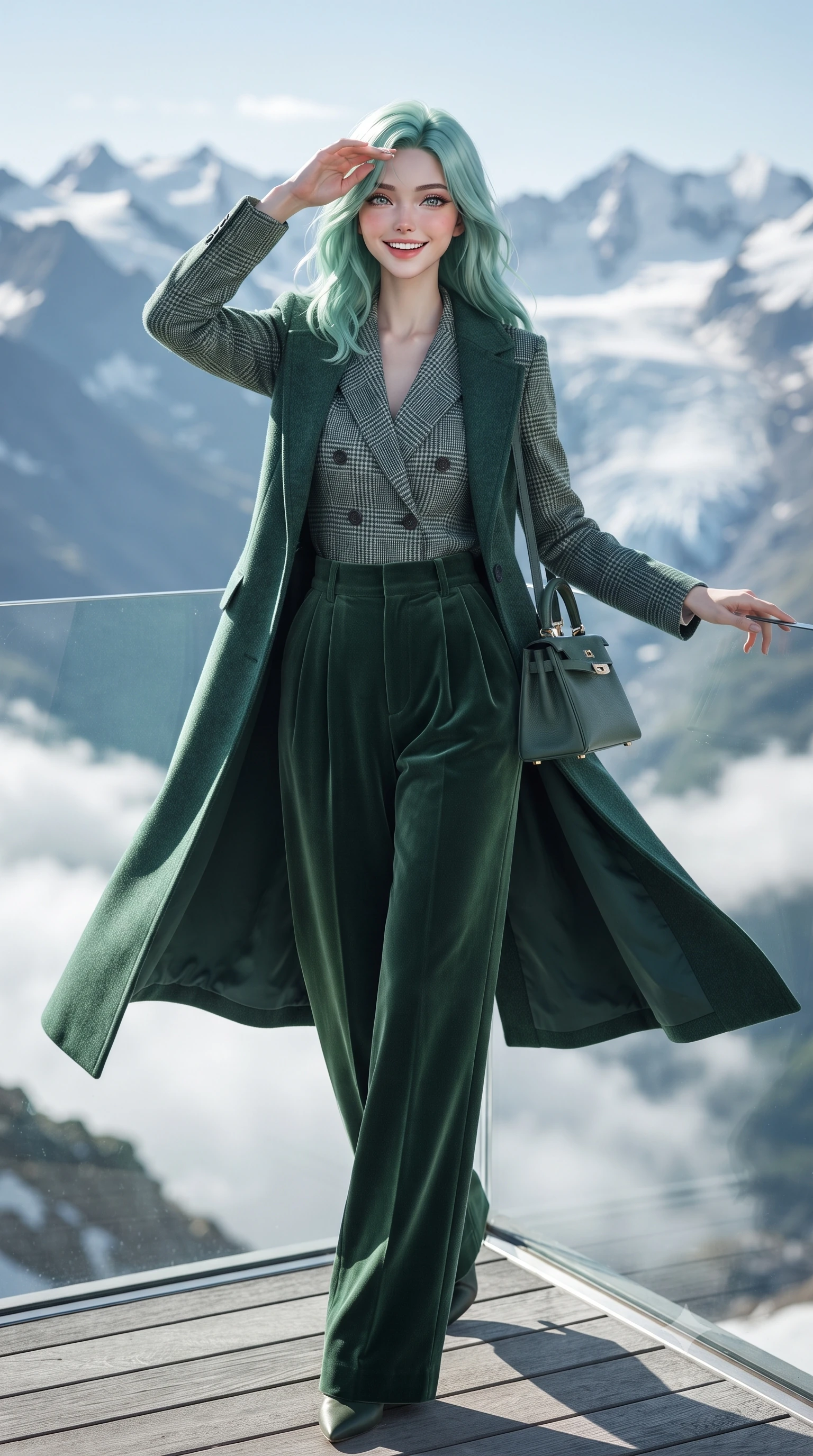 score_9, masterpiece, best quality, ultra-detailed, high-budget anime keyframe, editorial fashion photography, tasteful artistic composition, Japanese woman. low angle full-body shot from head to toe showing her feet, filling the entire 9:16 vertical frame with her statuesque presence, stretching her vertical silhouette. stepping forward gracefully in mid-motion with a radiant beaming smile, her long tailored coat fluttering around her slender legs while leaning against the clear glass infinity balustrade with one hand raised to shade her eyes from the sparkling snow glare, exuding athletic chic. The background shows a soft-focus endless jagged peaks of the Bernina mountain range, swirling cloud inversions in the valley below, and dazzling sunlit glaciers blurred into sapphire, stark white, and platinum bokeh. She has an exceptionally tall and slender model-like 8.5-heads proportion, an ultra-slim waist, a flat toned midriff, narrow delicate ribcage, and beautifully sculpted feminine hips creating a graceful, slim hourglass silhouette without any bulky heaviness, with impossibly long slender legs. sharp v-shaped jawline, high-bridge nose, intricate jewel-like sparkling eyes with depth, thick eyelashes, glossy parted lips with a natural peach sheen, bright cheerful beaming smile with an enchanting and coquettish sensual glint, exuding both youthful cute charm and seductive allure, flawlessly proportioned anatomical accuracy, strict slender model proportions, natural body alignment, perfectly sculpted long slender limbs, ultra-slim waistline, clean dynamic posture without body distortion. wearing a double-breasted Prince of Wales check tailored wool blazer paired with high-waisted pleated wide-leg trousers in misty Arashiyama bamboo green and slate grey, crafted from rich cotton velvet with deep light-absorbing pile and soft gradients, finished with a structured leather top-handle mini bag resting gracefully at her side, the expertly draped wool fabric falling in crisp fluid lines along her tall 8.5-heads silhouette, celebrating her slender frame without excess fabric bulk. illuminated by crisp platinum rim lights and soft fire pit warmth sculpting her cheekbones, narrow waist, and athletic statuesque build. ultra-reflective glossy finish, specular highlights, rich textural contrasts, high-contrast stereoscopic depth, volumetric dynamic lighting, 2k, ultra detail, master piece, 9:16 ratio