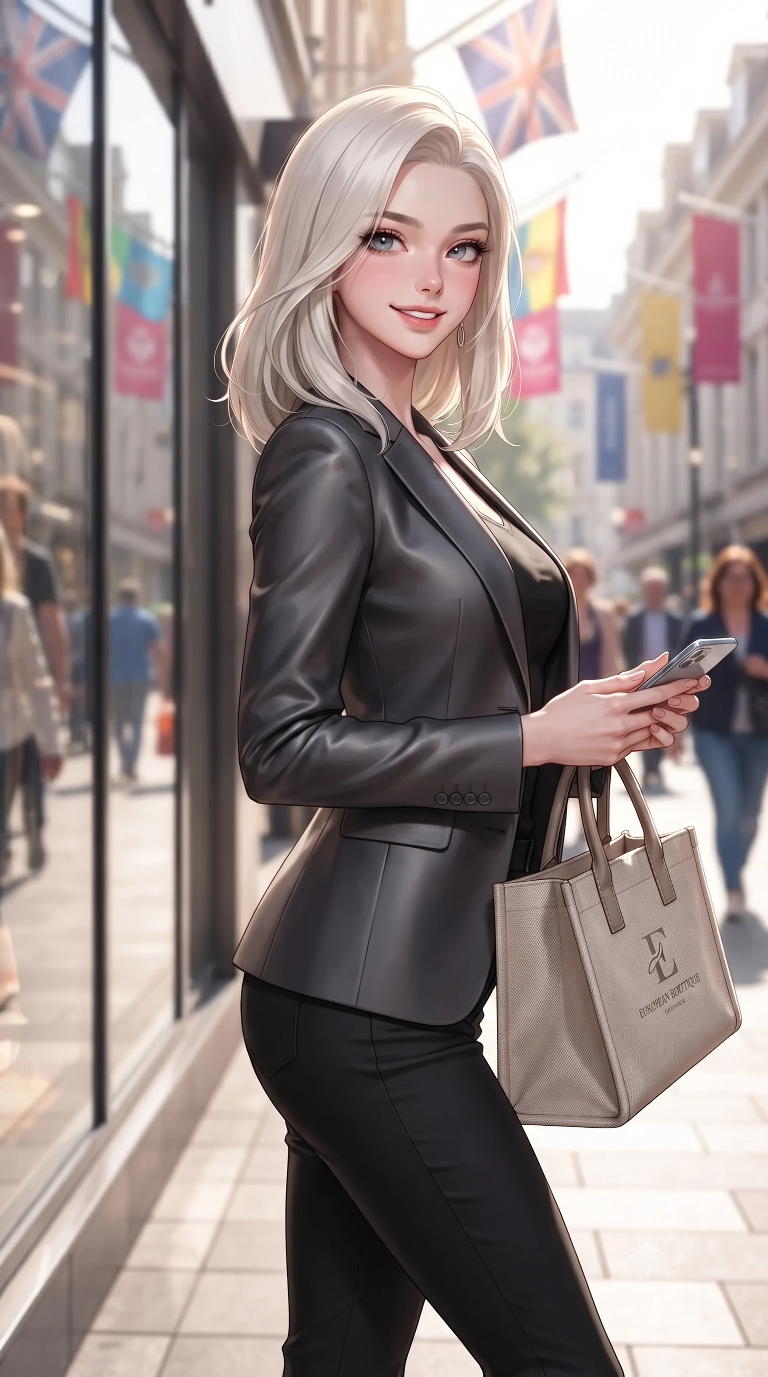 score_9, masterpiece, best quality, ultra-detailed, high-budget anime keyframe, editorial fashion photography, tasteful artistic composition, Caucasian woman. close-up cowboy shot from the waist and thighs up, the character dominates the composition, filling the frame with her large presence, background elements kept in soft focus. smiling with a playful and cute half-smile, glancing sidelong over her shoulder set against a soft-focus background of walking down a pedestrian shopping boulevard with colorful flags overhead carrying a chic canvas tote bag and a smart phone in her hand. She has an exceptionally elegant, slender, and willowy female figure with an ultra-slim waist, a gracefully sculpted slender torso, and a refined silhouette. sharp v-shaped jawline, high-bridge nose, intricate jewel-like eyes with depth, thick eyelashes, glossy lips with a natural sheen. wearing form-contouring tight-fitting tailored blazer in charcoal, closed over a body-hugging black top and slim trousers. bright afternoon sunbeams creating sharp reflections on the glass shop windows. ultra-reflective glossy finish, specular highlights, metallic sheen, high-contrast stereoscopic depth, volumetric dynamic lighting, 2k, ultra detail, master piece, 9:16 ratio