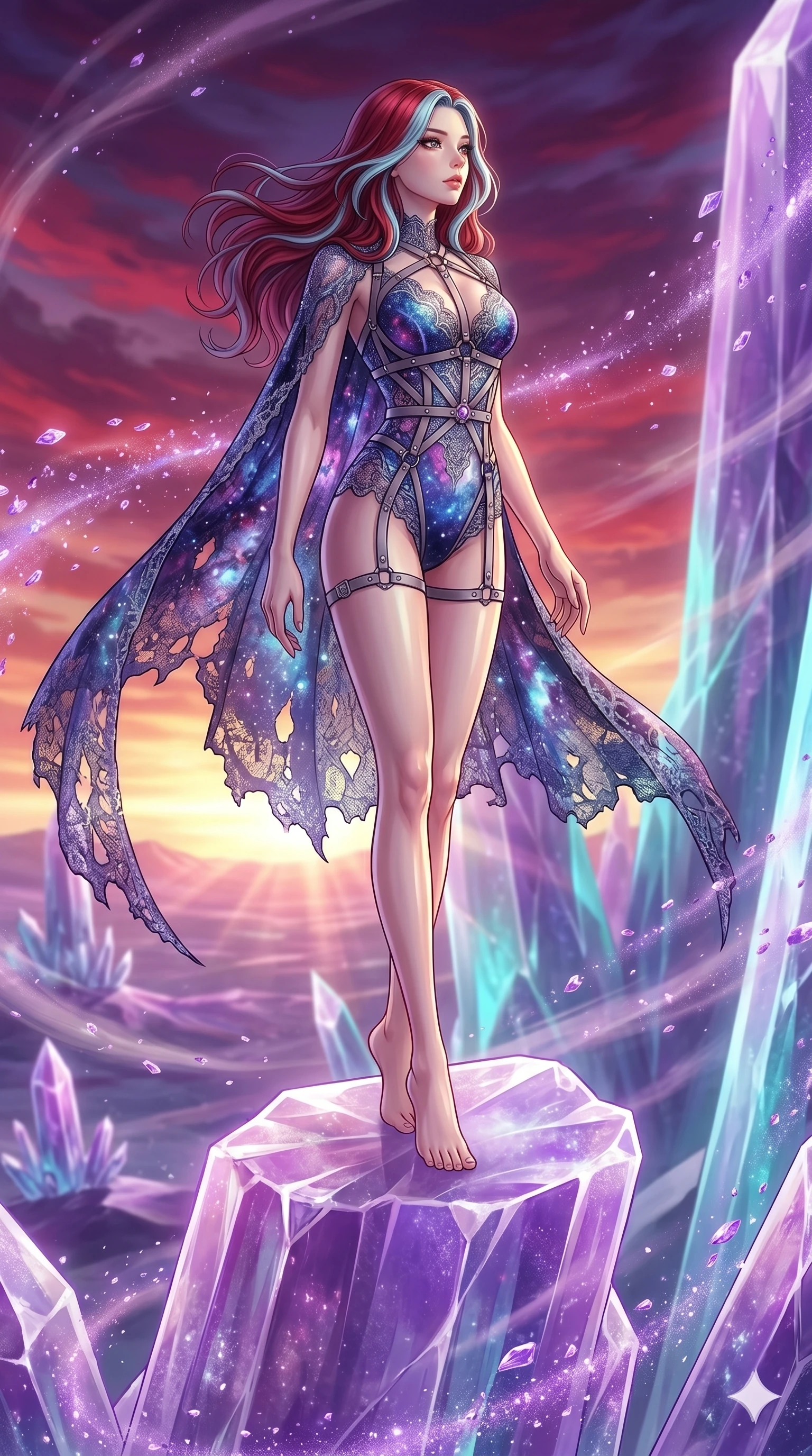 score_9, masterpiece, best quality, ultra-detailed, high-budget anime keyframe, Japanese woman. low angle full-body shot filling the entire 9:16 frame with her statuesque presence, stretching the vertical silhouette. standing atop a translucent salt crystal tower in a purple crystalline desert as winds blow shimmering purple dust under a crimson sunset. She has an absolutely perfect 8-heads proportion, an exceptionally tall and slender female figure with impossibly long slender legs and an ultra-slim waist. V-shaped jawline, high-bridge nose, intricate jewel-like eyes with depth, thick eyelashes, glossy lips with a natural sheen.. wearing a gothic nebula lace bodysuit, featuring a semi-opaque sculptural lace bodysuit with cosmic nebula patterns, reinforced by matte leather straps. showcasing a beautiful play of light and shadow, with warm golden rays clashing against cool cyan highlights. 2k, ultra detail, master piece, 9:16 ratio