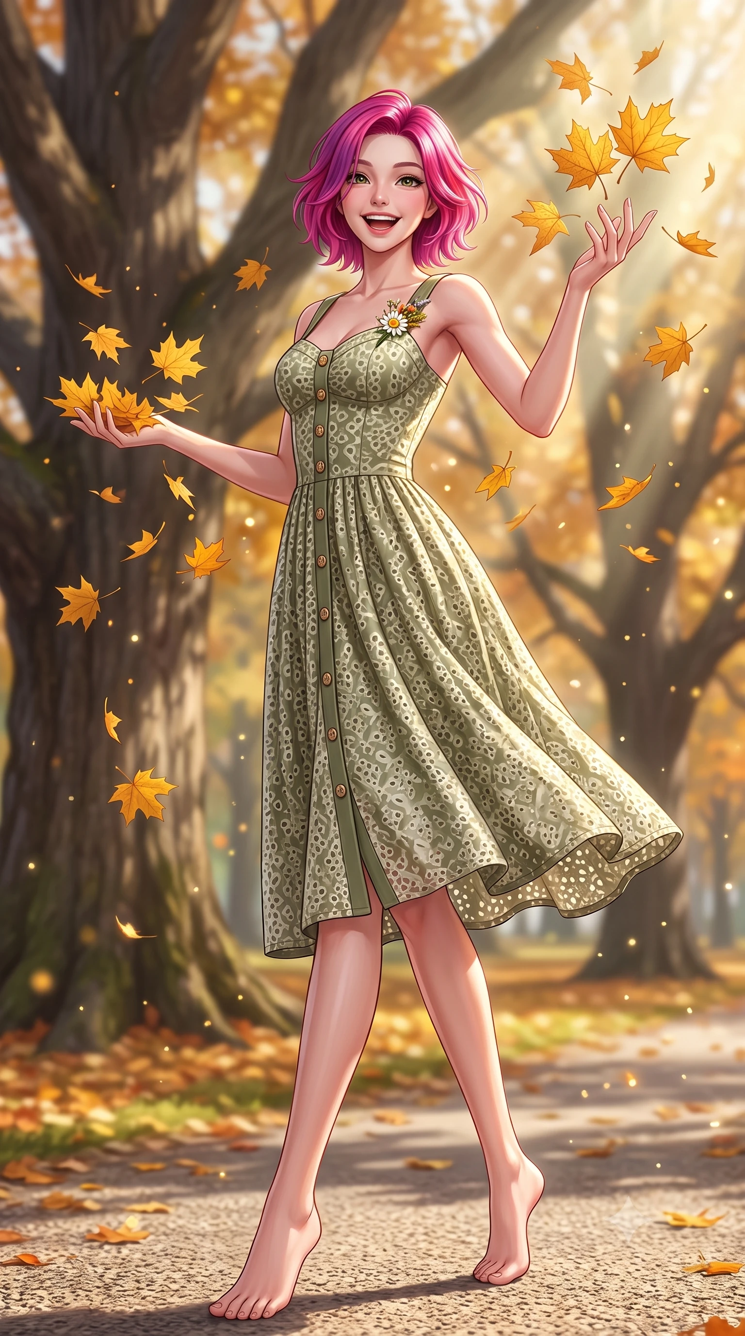 score_9, masterpiece, best quality, ultra-detailed, high-budget anime keyframe, semi-realistic 3D game render, editorial fashion photography, tasteful artistic composition, Caucasian woman. low angle full-body shot from head to toe showing her feet, filling the entire 9:16 vertical frame with her statuesque presence, stretching her vertical silhouette. pivoting dynamically with a fresh infectious smile, her ultra-slim waist and long slender legs creating a fluid graceful line while tossing a handful of golden maple leaves into the crisp autumn air with a bright, childlike laugh. The composition keeps background elements in soft focus with creamy bokeh. drifting autumn leaves and golden afternoon sunbeams scattering radiant seasonal light motes. She has an absolutely perfect, statuesque 8.5-heads proportion, an exceptionally tall and slender model-like female figure with impossibly long slender legs, a toned flat midriff, and an ultra-slim waist. sharp v-shaped jawline, high-bridge nose, intricate jewel-like eyes with depth, thick eyelashes, glossy lips with a natural sheen, pure and lovely fresh girlhood expression, flawlessly proportioned anatomical accuracy, strict slender model proportions, natural body alignment, perfectly sculpted long slender limbs, ultra-slim waistline, clean dynamic posture without body distortion. wearing an airy eyelet lace cotton midi dress with a sweetheart neckline and wooden front buttons in muted olive green and ivory cotton, made of comfortable premium stretch denim and airy cotton-jersey, complemented by a delicate wildflower corsage pinned to the lapel, the tailored casual silhouette highlighting her fresh and youthful presence and perfectly proportioned slender frame. illuminated by crisp directional sunbeams accentuating her slender waistline and cozy layered outfit. highly saturated vibrant anime colors, detailed shading with soft gradients, rich glossy textures, high-contrast stereoscopic depth, volumetric dynamic lighting, master piece, 9:16 ratio