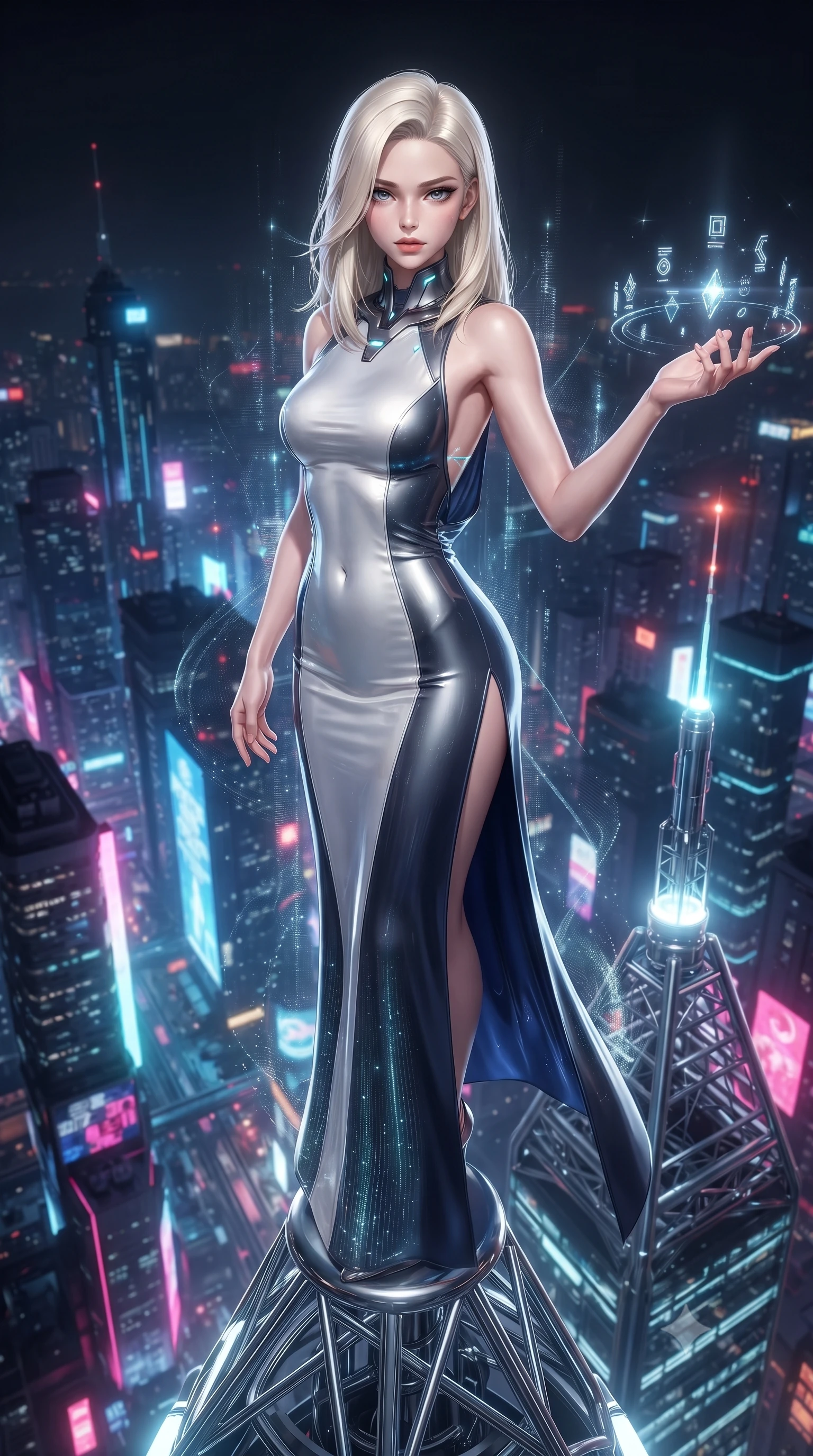 score_9, masterpiece, best quality, ultra-detailed, high-budget anime keyframe, editorial fashion photography, tasteful artistic composition, Caucasian woman. close-up cowboy shot from the waist and thighs up, the character dominates the composition, filling the frame with her large presence. extending one arm gracefully as floating holographic glyphs and nano-crystals orbit her fingertips with sovereign power while standing with statuesque majesty on the extreme chrome spire tip of a 200-story skyscraper above a neon metropolis. The surrounding environment is rendered in vivid detail and crisp panoramic clarity. detailed chrome spire framework, glowing antenna LED beacons, and distant city building spires in deep focus. She has an exceptionally elegant, slender, and willowy female figure with an ultra-slim waist, a gracefully sculpted slender torso, toned flat midriff, and a refined slim silhouette. sharp v-shaped jawline, high-bridge nose, intricate jewel-like eyes with depth, thick eyelashes, glossy lips with a natural sheen, flawlessly proportioned anatomical accuracy, strict slender model proportions, natural body alignment, perfectly sculpted long slender limbs, ultra-slim waistline, clean dynamic posture without body distortion. wearing a precision-fitted liquid jersey bodycon gown in radiant chrome and white, featuring an open cowl back and high side slit in deep midnight navy blue and pure starlight chrome, tailored from semi-translucent cybernetic vinyl with glowing micro-filaments, featuring a sleek aerodynamic collar framed by subtle glowing cybernetic accents, the liquid-tight tailored fabric emphasizing every curve of her tall, slender model proportions and sculptured silhouette during dynamic movement. surrounded by an exhilarating, supreme, and fiercely alluring cyber-monarch aura. ultra-reflective glossy finish, specular highlights, dark metallic sheen, high-contrast stereoscopic depth, volumetric dynamic lighting, 2k, ultra detail, master piece, 9:16 ratio