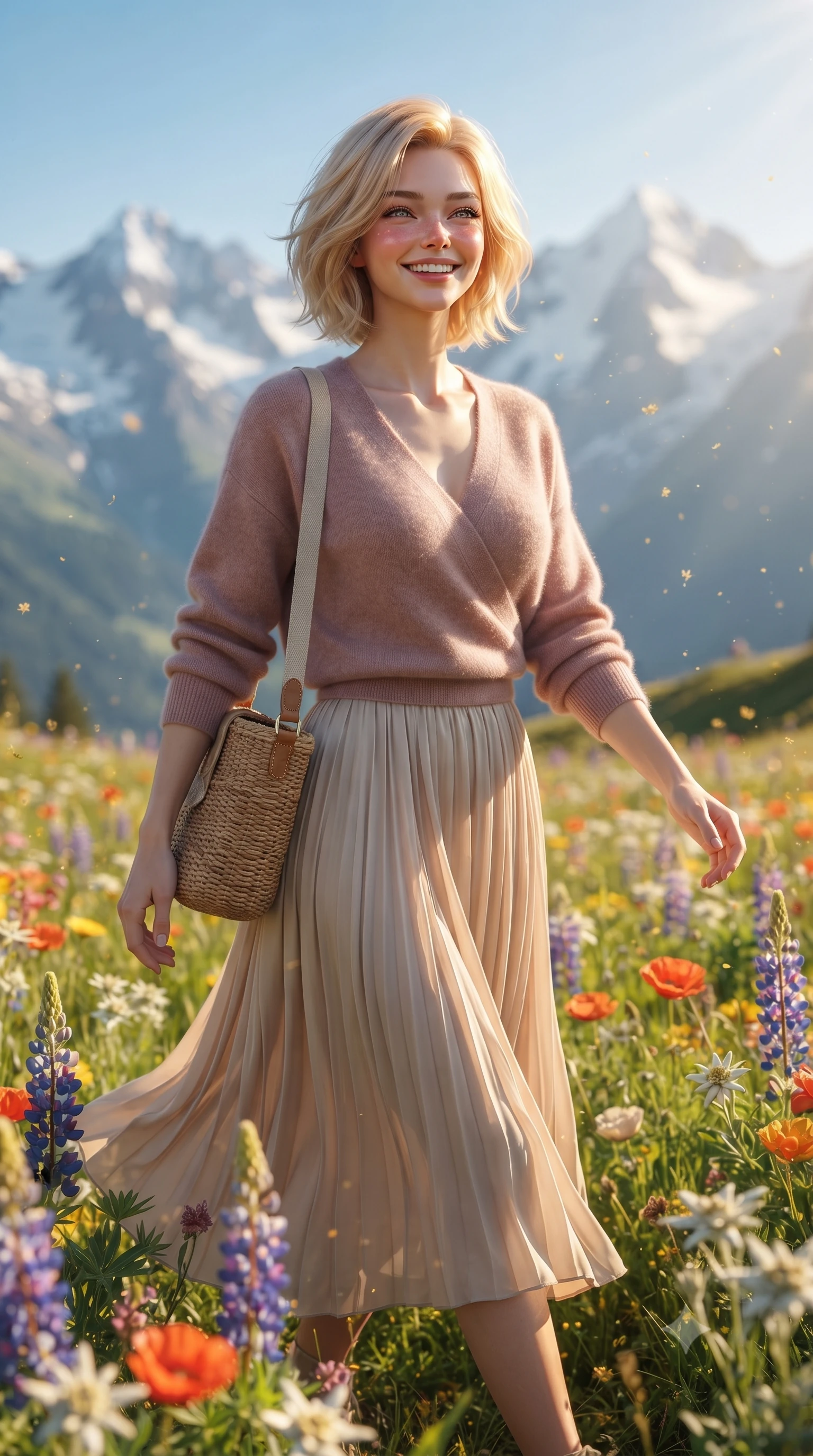 score_9, masterpiece, best quality, ultra-detailed, high-budget anime keyframe, editorial fashion photography, tasteful artistic composition, Caucasian woman. close-up cowboy shot from the waist and thighs up, the character dominates the composition, filling the frame with her large presence. laughing cheerfully with genuine delight, eyes crinkling sweetly as natural golden sunlight illuminates her glowing cheeks while strolling gracefully through vibrant alpine wildflower fields under dramatic snow-capped peaks with a beaming bright smile. The composition keeps background elements in soft focus with creamy bokeh. sparkling mountain breeze sunbeams and floating flower pollen scattering warm dreamy light motes. She has an exceptionally elegant, slender, and willowy female figure with an ultra-slim waist, a gracefully sculpted slender torso, toned flat midriff, and a refined slim silhouette. sharp v-shaped jawline, high-bridge nose, intricate jewel-like eyes with depth, thick eyelashes, glossy lips with a natural sheen, pure and lovely fresh girlhood expression, flawlessly proportioned anatomical accuracy, strict slender model proportions, natural body alignment, perfectly sculpted long slender limbs, ultra-slim waistline, clean dynamic posture without body distortion. wearing an elegant soft cashmere wrap sweater paired with a flowing pleated satin midi skirt in soft dusty rose and oatmeal beige, made of fine lightweight chiffon with a soft fluid drape, accessorized with a rustic woven wicker bag and canvas strap, the relaxed yet flattering fit accentuating her naturally graceful and slender figure, highlighting her youthful charm and lovely silhouette. illuminated by warm golden sunbeams streaming across lush green mountain slopes. ultra-reflective glossy finish, specular highlights, rich natural textures, high-contrast stereoscopic depth, volumetric dynamic lighting, 2k, ultra detail, master piece, 9:16 ratio