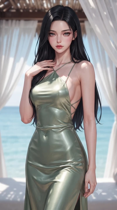 score_9, masterpiece, best quality, ultra-detailed, high-budget anime keyframe, editorial fashion photography, tasteful artistic composition, Korean woman woman. close-up cowboy shot from the waist and thighs up, the character dominates the compositi