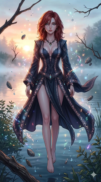 score_9, masterpiece, best quality, ultra-detailed, Set A: High-budget Anime Keyframe, Caucasian (strictly human ears) woman. Low angle cowboy shot filling the entire 9:16 frame with her statuesque presence. Floating through a misty lakeside at dawn,