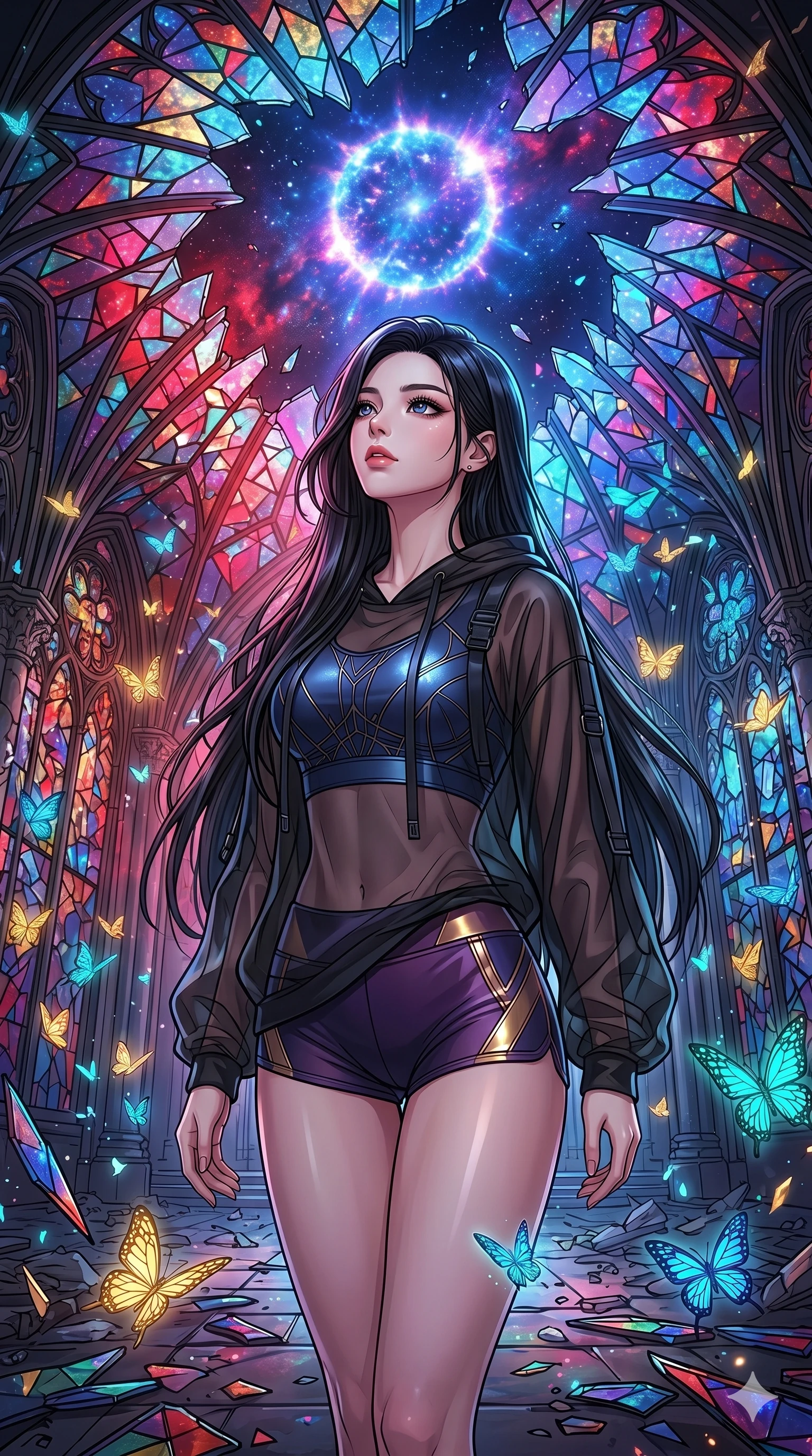 score_9, masterpiece, best quality, ultra-detailed, high-budget anime movie keyframe, cinematic anime lighting, intricate line art, Korean woman. Upper body filling screen focusing on her alluring features and slim-fit silhouette. observing a supernova in a shattered stained glass cathedral surrounded by glowing butterflies. She has an absolutely perfect 8-heads proportion, an exceptionally tall and slender female figure with an ultra-slim waist and impossibly long slender legs. sharp v-shaped jawline, high-bridge nose, intricate jewel-like eyes, thick eyelashes, glossy lips. Wearing premium athleisure set with a metallic-finish compression top, high-cut yoga shorts that accentuate her long legs, and a sheer oversized hoodie. The scene is illuminated by dramatic atmospheric lighting and vibrant color palettes. , 2k, ultra detail, master piece, 9:16 ratio