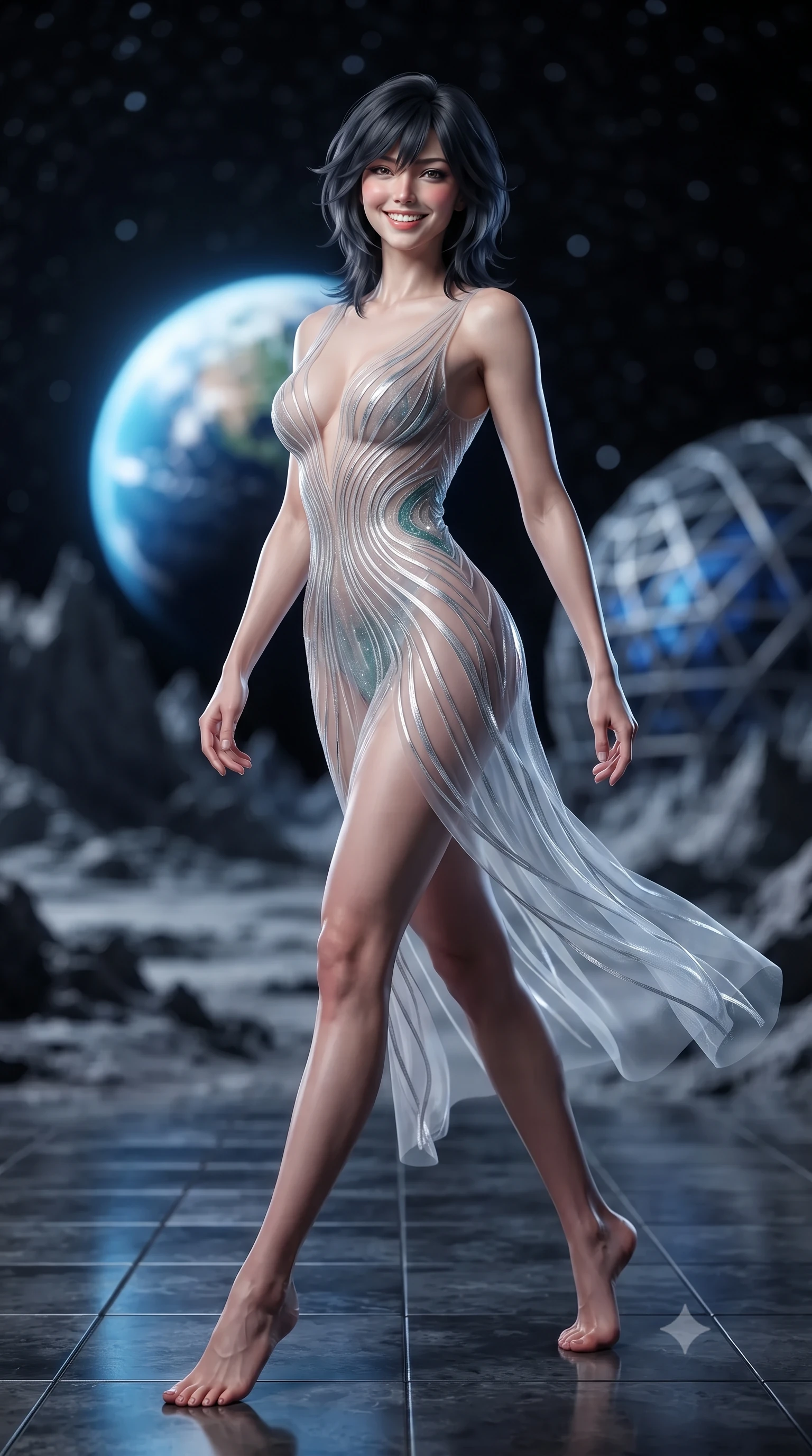 score_9, masterpiece, best quality, ultra-detailed, high-budget anime keyframe, editorial fashion photography, tasteful artistic composition, Caucasian woman. low angle full-body shot from head to toe showing her feet, filling the entire 9:16 vertical frame with her statuesque presence, stretching her vertical silhouette. stepping forward in a confident stride, her long slender legs and curvaceous hips creating a dynamic, sweeping vertical line while twisting her slender torso in an alluring S-curve, pure cobalt Earthlight tracing her flat midriff and hourglass curves across the basalt floor. The background shows a soft-focus jagged lunar peaks casting razor-sharp black shadows, glowing blue Earthrise in the starry black void, and dome structural nodes blurred into cobalt, diamond, and onyx bokeh. She has an exceptionally tall and slender model-like 8.5-heads proportion, an ultra-slim waist, a flat toned midriff, narrow delicate ribcage, and beautifully sculpted feminine hips creating a graceful, slim hourglass silhouette without any bulky heaviness, with impossibly long slender legs. sharp v-shaped jawline, high-bridge nose, intricate jewel-like sparkling eyes with depth, thick eyelashes, glossy parted lips with a natural peach sheen, bright cheerful beaming smile with an enchanting and coquettish sensual glint, exuding both youthful cute charm and seductive allure, flawlessly proportioned anatomical accuracy, strict slender model proportions, natural body alignment, perfectly sculpted long slender limbs, ultra-slim waistline, clean dynamic posture without body distortion. wearing a plunge-front sheer illusion tulle slip dress with liquid platinum ribbon stripes hugging her curves in polar aurora jade and starlight platinum, made of sheer gossamer chiffon that drapes softly against skin with airy translucence, finished with sleek magnetic buckle closures fluttering in the breeze, the bespoke structured tailoring following the natural line of her 8.5-heads silhouette with refined elegance. illuminated by basalt tile reflection bounce and sharp Earth-blue rim lights sculpting her jawline, narrow waist, and curvy hips. ultra-reflective glossy finish, specular highlights, rich textural contrasts, high-contrast stereoscopic depth, volumetric dynamic lighting, 2k, ultra detail, master piece, 9:16 ratio