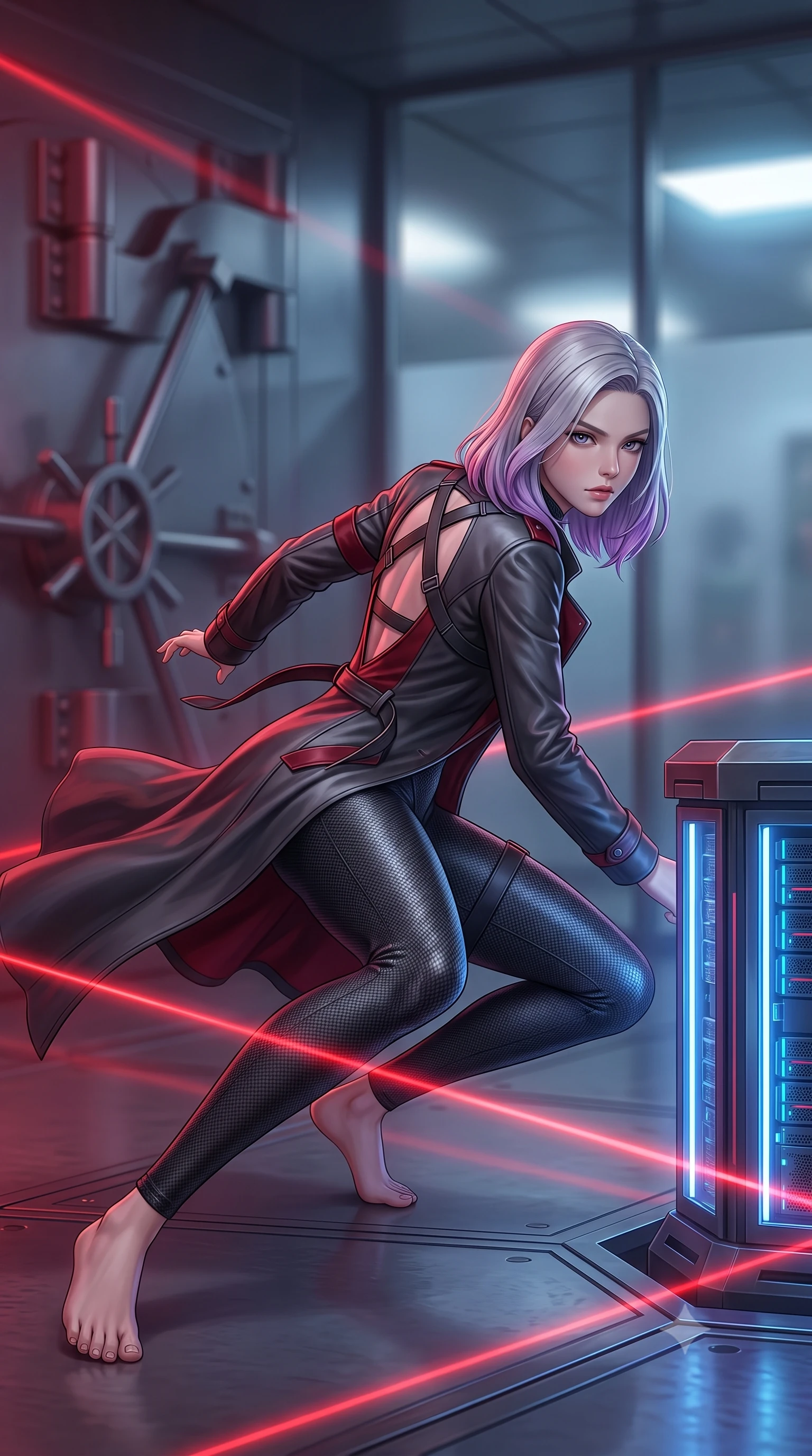 score_9, masterpiece, best quality, ultra-detailed, high-budget anime keyframe, semi-realistic 3D game render, editorial fashion photography, tasteful artistic composition, Caucasian woman. low angle full-body shot from head to toe showing her feet, filling the entire 9:16 vertical frame with her statuesque presence, stretching her vertical silhouette. executing an elegant mid-motion spin with effortless grace, her garments fluttering softly around her ultra-slim waistline while sliding into a low tactical crouch beside a glowing data core, eyes scanning the perimeter with lethal intelligence. The composition keeps background elements in soft focus with creamy bokeh. heavy vault door locking bolts and frosted glass partition walls softened in moody shallow depth of field. She has an absolutely perfect, statuesque 8.5-heads proportion, an exceptionally tall and slender model-like female figure with impossibly long slender legs, a toned flat midriff, and an ultra-slim waist. sharp v-shaped jawline, high-bridge nose, intricate jewel-like eyes with depth, thick eyelashes, glossy lips with a natural sheen, captivating and magnetic expression, flawlessly proportioned anatomical accuracy, strict slender model proportions, natural body alignment, perfectly sculpted long slender limbs, ultra-slim waistline, clean dynamic posture without body distortion. wearing a second-skin dark carbon-weave infiltration catsuit paired with a tailored long leather trench coat in matte graphite and blood-crimson accents, tailored from second-skin supple lambskin leather with liquid drape, accented with criss-cross back tactical harness straps framing her bare spine, the glove-like aerodynamic second-skin fit tightly clinging to her ultra-slender waist and athletic curves without adding bulk, accentuating her razor-sharp statuesque lines and slim hourglass silhouette. bathed in dramatic intersecting red laser beam illumination and cool blue server indicator glow. highly saturated vibrant anime colors, detailed shading with soft gradients, rich glossy textures, high-contrast stereoscopic depth, volumetric dynamic lighting, master piece, 9:16 ratio