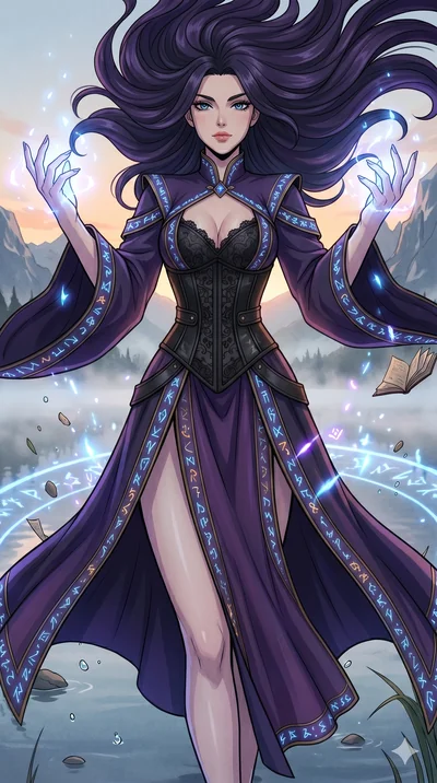 score_9, masterpiece, best quality, ultra-detailed, Set A: High-budget Anime Keyframe, Caucasian (strictly human ears) woman. Low angle cowboy shot filling the entire 9:16 frame with her statuesque presence. Floating through a misty lakeside at dawn,