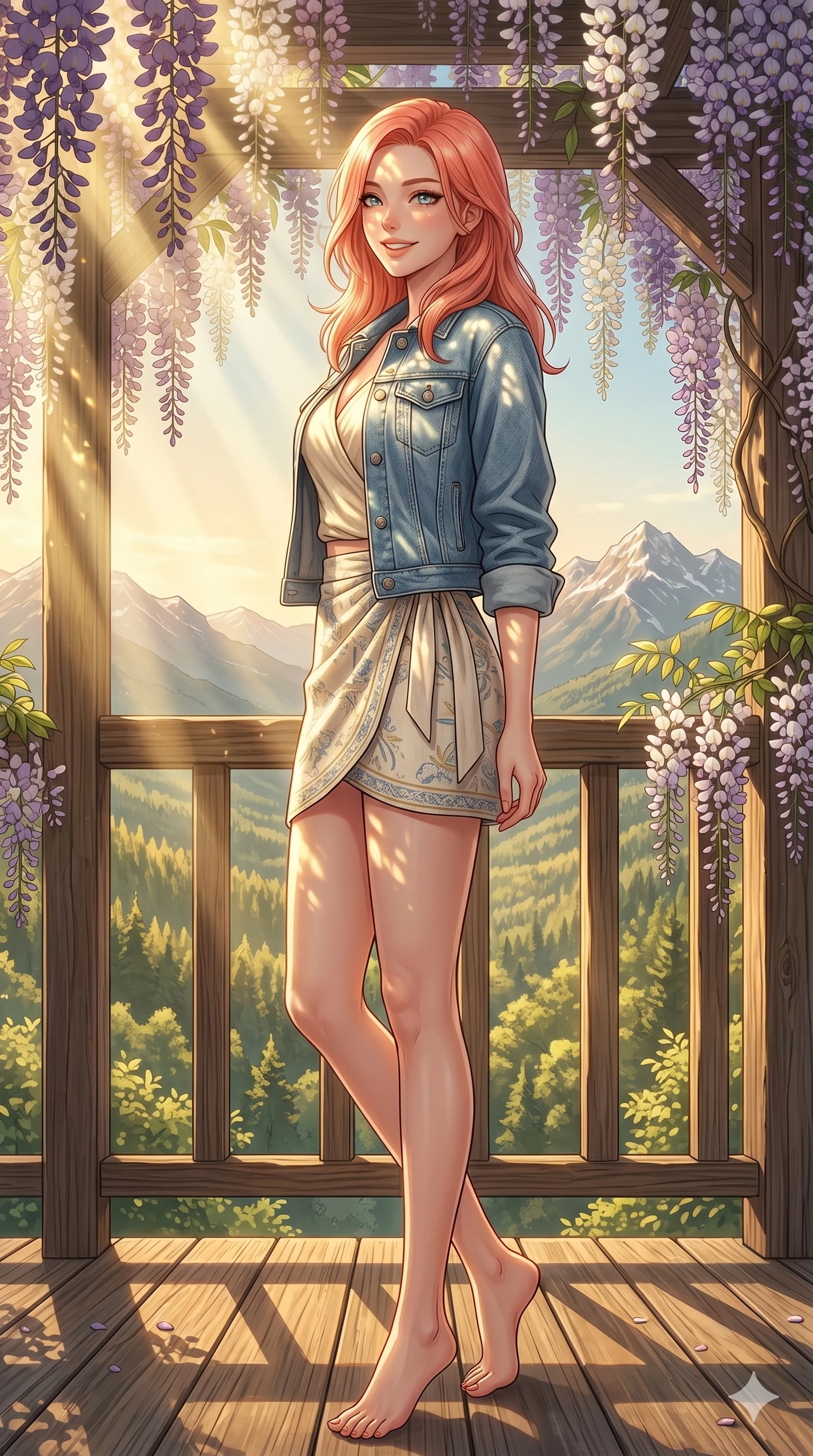 score_9, masterpiece, best quality, ultra-detailed, high-budget anime keyframe, vibrant anime aesthetic, Japanese woman. low angle full-body shot from head to toe showing her feet, filling the entire 9:16 vertical frame with her statuesque presence, stretching her vertical silhouette. She is standing tall, looking over her shoulder with a radiant, smiling expression by a quiet mountain resort deck overlooking a sun-swept forest valley (Code-P20-030). She has an absolutely perfect 8-heads proportion, an exceptionally tall and slender female figure with impossibly long slender legs and an ultra-slim waist. V-shaped jawline, high-bridge nose, intricate jewel-like eyes with depth, thick eyelashes, glossy lips with a natural sheen. wearing a modern denim jacket over a linen top and wrap skirt. She is soft gold sunbeams filtered through wisteria vines, creating a mystical and elegant glow. 2k, ultra detail, master piece, 9:16 ratio