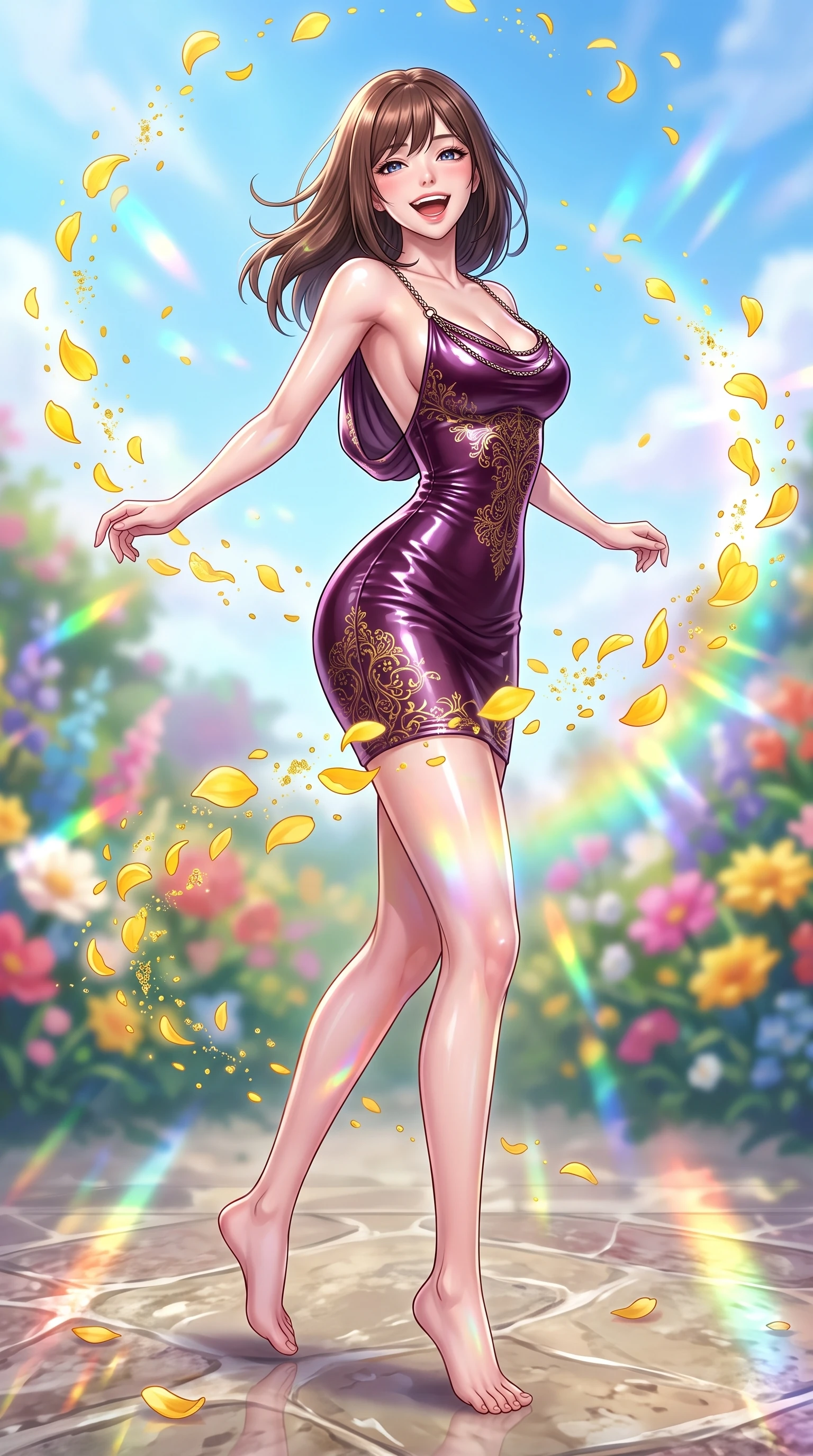 score_9, masterpiece, best quality, ultra-detailed, high-budget anime keyframe, editorial fashion photography, tasteful artistic composition, Korean woman. low angle full-body shot from head to toe showing her feet, filling the entire 9:16 vertical frame with her statuesque presence, stretching her vertical silhouette. forging dynamically through the scene with a happy infectious smile, her ultra-slim waist creating a sweeping curve while spinning in mid-air with a delighted laughing expression as yellow petals rain around her, floating flower pollen and yellow petals drifting gracefully in dynamic orbital paths. She has an absolutely perfect, statuesque 8.5-heads proportion, an exceptionally tall and slender model-like female figure with impossibly long slender legs and an ultra-slim waist. sharp v-shaped jawline, high-bridge nose, intricate jewel-like eyes with depth, thick eyelashes, glossy lips with a natural sheen, flawlessly proportioned anatomical accuracy, natural body alignment, perfectly sculpted elegant limbs, clean dynamic posture without body distortion. wearing a precision-fitted liquid jersey bodycon dress with a graceful draped back in plum purple and gold filigree, tailored from high-gloss patent leather, adorned with delicate metallic chain straps along the neckline, the form-contouring material highlighting her ultra-slim waist and long lines. illuminated by dazzling rainbow refractions and bright, cheerful ambient sky glow. highly saturated vibrant anime colors, detailed shading with soft gradients, rich glossy textures, high-contrast stereoscopic depth, volumetric dynamic lighting, master piece, 9:16 ratio