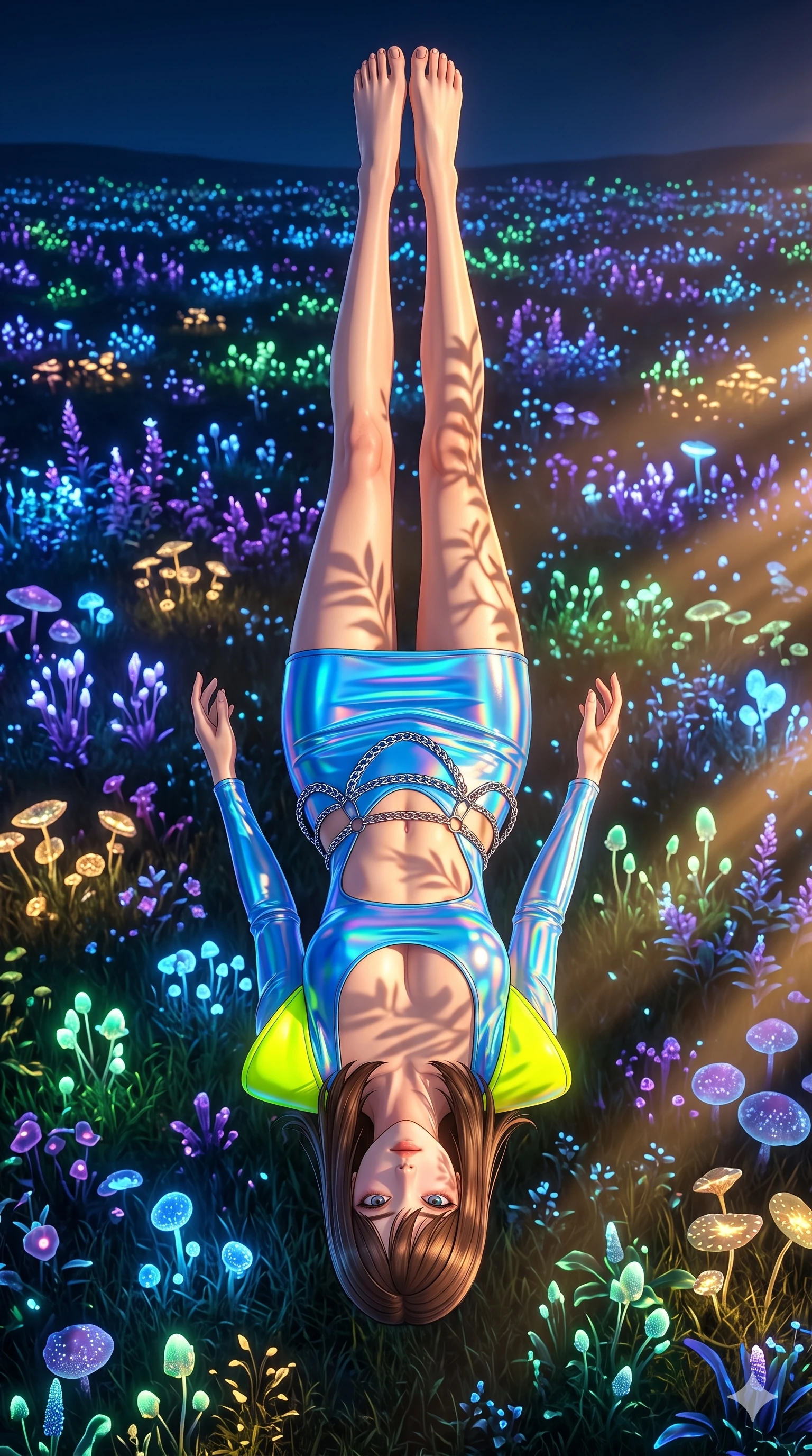 score_9, masterpiece, best quality, ultra-detailed, high-budget anime keyframe, editorial fashion photography, tasteful artistic composition, Korean woman. low angle full-body shot from head to toe showing her feet, filling the entire 9:16 vertical frame with her statuesque presence, stretching her vertical silhouette. floating with ethereal lightness within a midnight meadow stretching to the horizon where every flower emits its own soft bioluminescent glow in different colors creating a landscape of living light in blue violet green and gold. She has a statuesque 8.5-heads proportion, an exceptionally tall, slender and willowy model-like build with impossibly long legs and a highly sculpted ultra-slim waist. sharp v-shaped jawline, high-bridge nose, intricate jewel-like eyes with depth, thick eyelashes, glossy lips with a natural sheen. wearing a holographic mini dress in electric blue, featuring neon yellow shoulder pads, an exposed midriff, and a chrome waist chain. warm golden afternoon sunbeams casting soft organic leaf shadows across her skin. 2k, ultra detail, master piece, 9:16 ratio