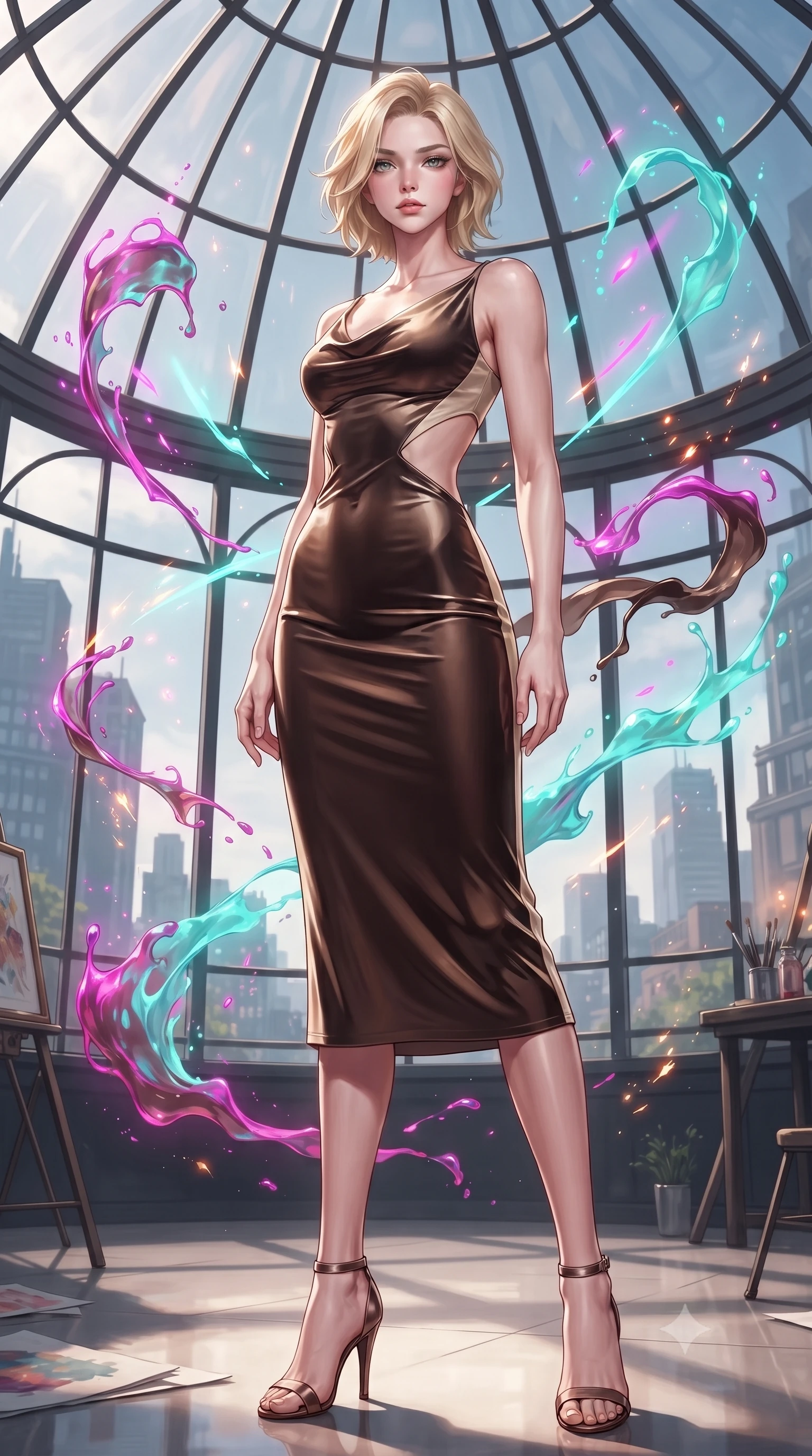 score_9, masterpiece, best quality, ultra-detailed, high-budget anime keyframe, editorial fashion photography, tasteful artistic composition, Caucasian woman. low angle full-body shot from head to toe showing her feet, filling the entire 9:16 vertical frame with her statuesque presence, stretching her vertical silhouette. interacting gracefully with the magical floating elements while maintaining a confident posture standing inside a glass-domed art atelier filled with floating liquid paint swirls, glowing neon brushstrokes floating poetically around her silhouette. She has an absolutely perfect, statuesque 8.5-heads proportion, an exceptionally tall and slender model-like female figure with impossibly long slender legs and an ultra-slim waist. sharp v-shaped jawline, high-bridge nose, intricate jewel-like eyes with depth, thick eyelashes, glossy lips with a natural sheen. wearing an elegant cowl-neck satin midi dress with a draped neckline in espresso brown and warm cream, made of premium stretch velvet with a rich sheen, featuring clean architectural cutouts along her slender torso, the form-contouring material highlighting her ultra-slim waist and long lines. surrounded by a radiant glow of magenta and aqua fluid highlights. ultra-reflective glossy finish, specular highlights, metallic sheen, high-contrast stereoscopic depth, volumetric dynamic lighting, 2k, ultra detail, master piece, 9:16 ratio