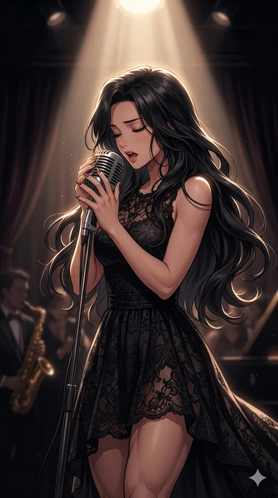 score_9, score_8_up, score_7_up, source_anime, masterpiece, best quality, ultra-detailed, same character with long flowing black hair, wearing a classic elegant black cocktail dress, upper body close-up from thigh up filling the screen, singing passi