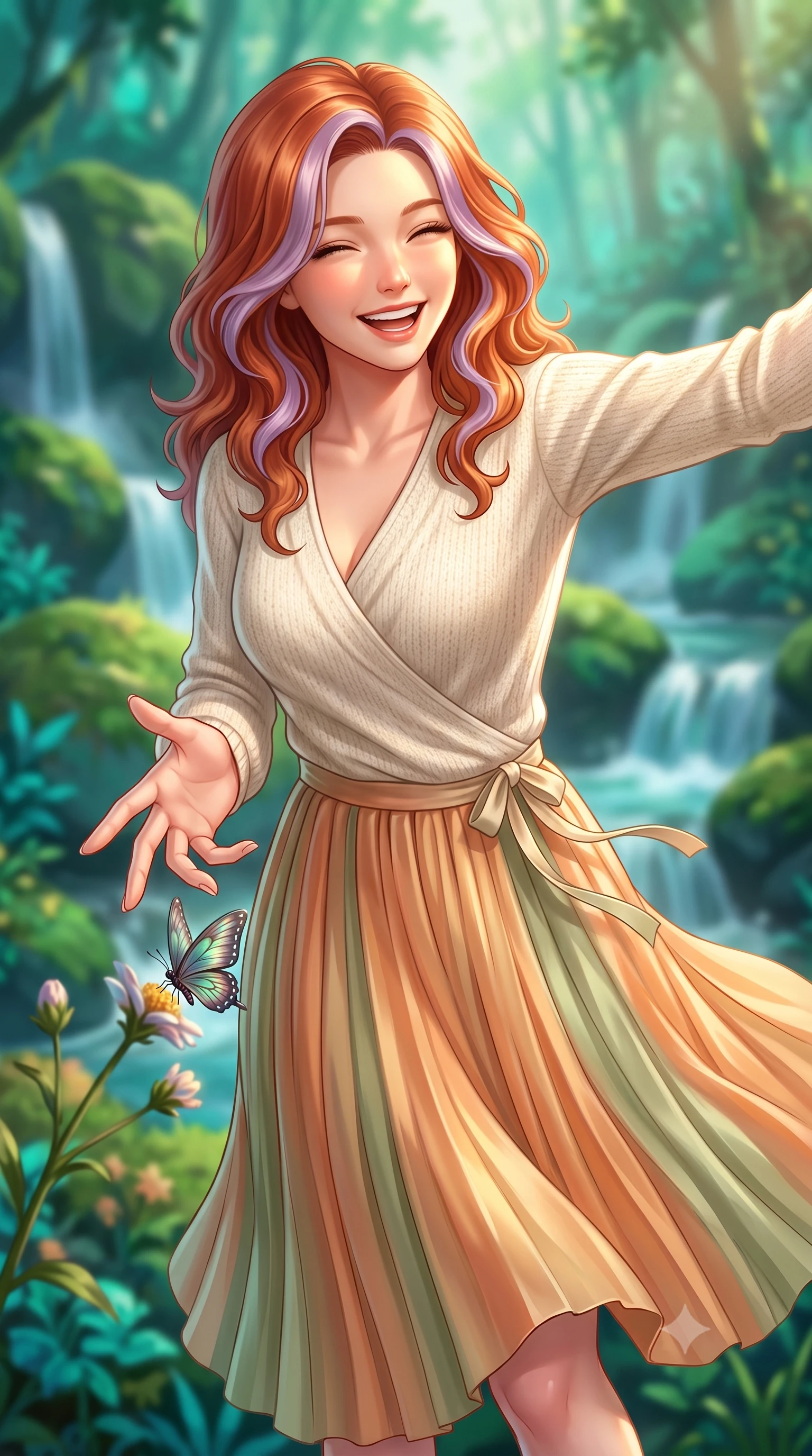 score_9, masterpiece, best quality, ultra-detailed, high-budget anime keyframe, semi-realistic 3D game render, editorial fashion photography, tasteful artistic composition, Caucasian woman. close-up cowboy shot from the waist and thighs up, the character dominates the composition, filling the frame with her large presence. laughing cheerfully with genuine delight, eyes crinkling sweetly as natural golden sunlight illuminates her glowing cheeks while reaching out playfully to touch a delicate iridescent forest butterfly resting on a wildflower blossom. The composition keeps background elements in soft focus with creamy bokeh. cascading white water ribbons and emerald mossy boulders blurred into lush turquoise, jade, and crystal bokeh. She has an exceptionally elegant, slender, and willowy female figure with an ultra-slim waist, a gracefully sculpted slender torso, toned flat midriff, and a refined slim silhouette. sharp v-shaped jawline, high-bridge nose, intricate jewel-like eyes with depth, thick eyelashes, glossy lips with a natural sheen, pure and lovely fresh girlhood expression, flawlessly proportioned anatomical accuracy, strict slender model proportions, natural body alignment, perfectly sculpted long slender limbs, ultra-slim waistline, clean dynamic posture without body distortion. wearing an elegant soft cashmere wrap sweater paired with a flowing pleated satin midi skirt in warm apricot and sage green, made of fine lightweight chiffon with a soft fluid drape, accented with a dainty ribbon bow at the waistline, the breezy lightweight fabric fluttering softly against her delicate collarbones, narrow waist, and feminine curves. illuminated by soft emerald forest bounce light accentuating her natural beauty and lovely outfit. highly saturated vibrant anime colors, detailed shading with soft gradients, rich glossy textures, high-contrast stereoscopic depth, volumetric dynamic lighting, master piece, 9:16 ratio
