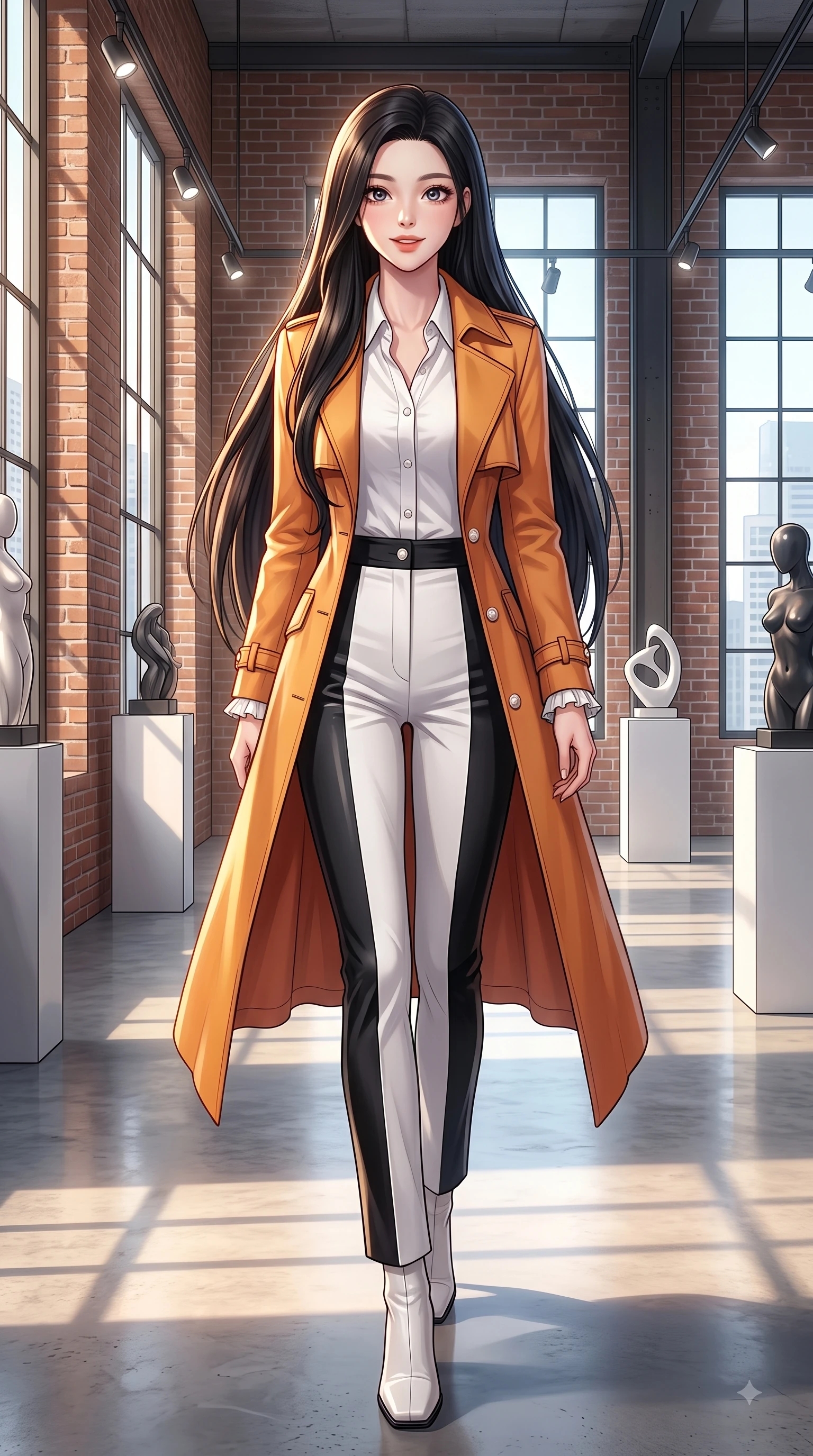 score_9, masterpiece, best quality, ultra-detailed, high-budget anime keyframe, editorial fashion photography, tasteful artistic composition, Korean woman. low angle full-body shot from head to toe showing her feet, filling the entire 9:16 vertical frame with her statuesque presence, stretching her vertical silhouette. Expectant hopeful expression with wide sparkling eyes and a soft eager smile as if waiting for a loved one while walking gracefully through a sun-drenched art gallery inside a converted industrial loft. The surrounding environment is rendered in vivid detail and crisp panoramic clarity. sleek designer sculptures, industrial window frames, and crisp spotlight reflections in deep focus. She has an absolutely perfect, statuesque 8.5-heads proportion, an exceptionally tall and slender model-like female figure with impossibly long slender legs and an ultra-slim waist. sharp v-shaped jawline, high-bridge nose, intricate jewel-like eyes with depth, thick eyelashes, glossy lips with a natural sheen, flawlessly proportioned anatomical accuracy, natural body alignment, perfectly sculpted elegant limbs, clean dynamic posture without body distortion. wearing a stylish sunset amber trench coat over a crisp white shirt and tailored trousers in monochrome white and glossy black contrast, tailored from crisp high-density cotton poplin, accented with delicate pearl buttons and refined ruffle trims, the form-contouring material accentuating her ultra-slim waist and long lines. illuminated by crisp gallery spotlights and rich mahogany ambient glow. highly saturated vibrant anime colors, detailed shading with soft gradients, rich glossy textures, high-contrast stereoscopic depth, volumetric dynamic lighting, master piece, 9:16 ratio
