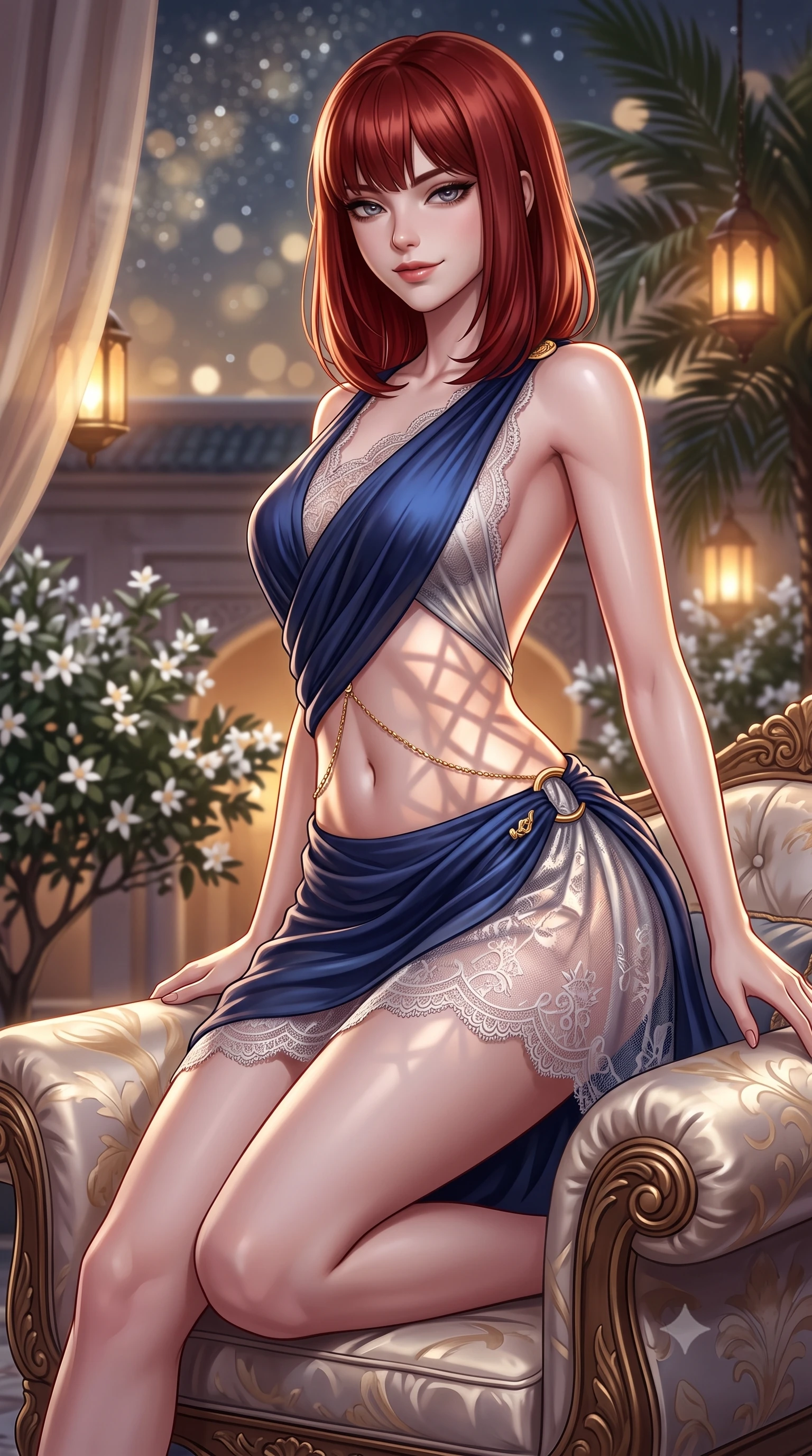 score_9, masterpiece, best quality, ultra-detailed, high-budget anime keyframe, semi-realistic 3D game render, editorial fashion photography, tasteful artistic composition, Caucasian woman. close-up cowboy shot from the waist and thighs up, the character dominates the composition, filling the frame with her large presence. perched sideways on the lounge seat, one knee drawn up to showcase her slender leg line while her arched back accentuates her feminine hip curve while twisting her slender torso in an alluring contrapposto stance, intricate geometric shadow patterns cast by moonlight tracing her flat midriff and curvy hips. The background shows a soft-focus blooming white orange blossom trees in courtyard below, flickering lantern glows among palm fronds, and starry sky blurred into honey, ivory, and obsidian bokeh. She has an exceptionally elegant, slender, and willowy female figure with an ultra-slim waist, flat toned midriff, narrow ribcage, and sculpted feminine hips creating an alluring, slim hourglass silhouette without bulk. sharp v-shaped jawline, high-bridge nose, sparkling eyes with hypnotic seductive depth, thick curled eyelashes, glossy parted lips with a natural dewy peach sheen, alluring bedroom-eyes with an enchanting coquettish smile, exuding magnetic siren charisma and sophisticated glamour, flawlessly proportioned anatomical accuracy, strict slender model proportions, natural body alignment, perfectly sculpted long slender limbs, ultra-slim waistline, clean dynamic posture without body distortion. wearing a draped Greek-goddess style silk chiffon mini toga dress with an open back and golden hip fibula in deep sapphire navy and molten silver, made of delicate semi-sheer French Chantilly lace with intricate eyelash edges, accented with a dainty gold belly chain resting across her flat midriff and curving hips, the second-skin tailored fabric adhering flawlessly to her sculpted flat midriff and slender torso, emphasizing her long leg lines and perfectly proportioned willowy build. illuminated by warm interior lantern bounce and sharp silver-gold rim lights defining her razor-sharp jawline, narrow waist, and curvy hips. highly saturated vibrant anime colors, detailed shading with soft gradients, rich glossy textures, high-contrast stereoscopic depth, volumetric dynamic lighting, master piece, 9:16 ratio