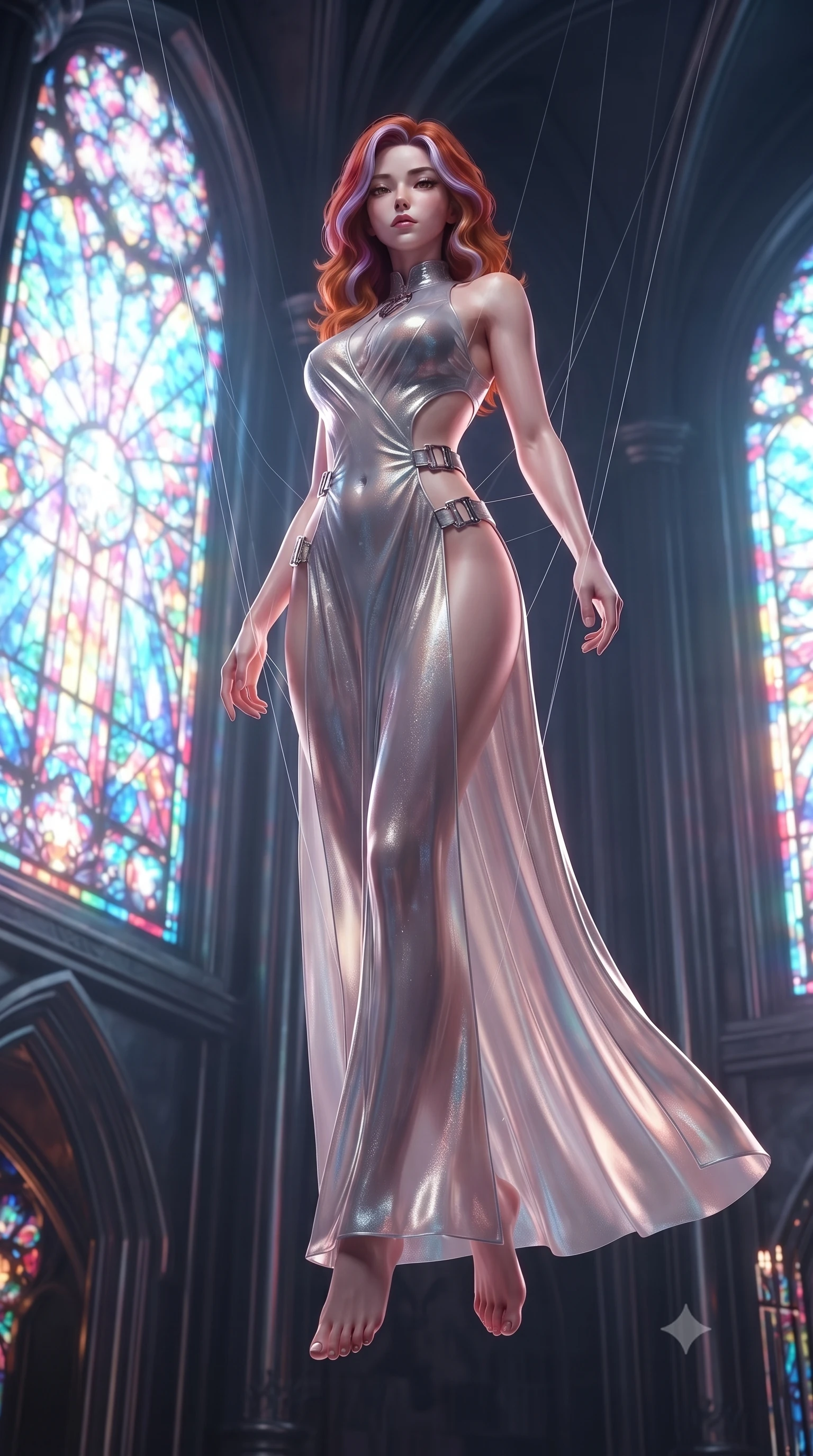 score_9, masterpiece, best quality, ultra-detailed, High-budget Anime Keyframe, editorial fashion photography, tasteful artistic composition, realistic cosplay photography, Caucasian woman, strictly human ears. Low angle cowboy shot filling the entire 9:16 frame with her statuesque presence. Scenario 355: suspended by invisible silk threads inside a futuristic cathedral with holographic stained-glass windows. Her presence is magnetic and overpowering in this high-budget cinematic scene. Outfit 355: a tailored shimmering chiffon bare with a strategic side cut-outs and metallic buckles. The clothing is designed to emphasize her exceptionally tall and slender 8-heads proportion. 8-heads proportion, towering silhouette, ultra-slim waist. sharp v-shaped jawline, intricate jewel-like eyes with depth, thick eyelashes, glossy lips. ultra-reflective glossy finish, specular highlights, metallic sheen, high-contrast stereoscopic depth, volumetric dynamic lighting, 2k, ultra detail, master piece, 9:16 ratio