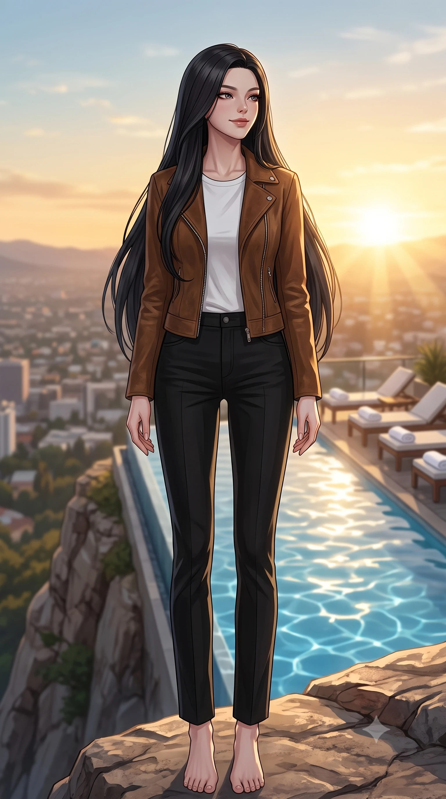 score_9, masterpiece, best quality, ultra-detailed, high-budget anime keyframe, editorial fashion photography, tasteful artistic composition, Korean woman woman. low angle full-body shot from head to toe showing her feet, filling the entire 9:16 vertical frame with her statuesque presence, stretching her vertical silhouette. standing proud on a scenic cliff overlooking the valley, her silhouette framed by the golden sky the background shows a soft-focus a luxury hotel rooftop pool with sunbeds and white towels, looking out at the city. She has an absolutely perfect, statuesque 8.5-heads proportion, an exceptionally tall and slender model-like female figure with impossibly long slender legs and an ultra-slim waist. sharp v-shaped jawline, high-bridge nose, intricate jewel-like eyes with depth, thick eyelashes, glossy lips with a natural sheen. wearing a body-hugging classic brown suede jacket over a white crewneck tee and black straight trousers. bright afternoon sunbeams creating shimmering patterns in the blue pool water. 2k, ultra detail, master piece, 9:16 ratio