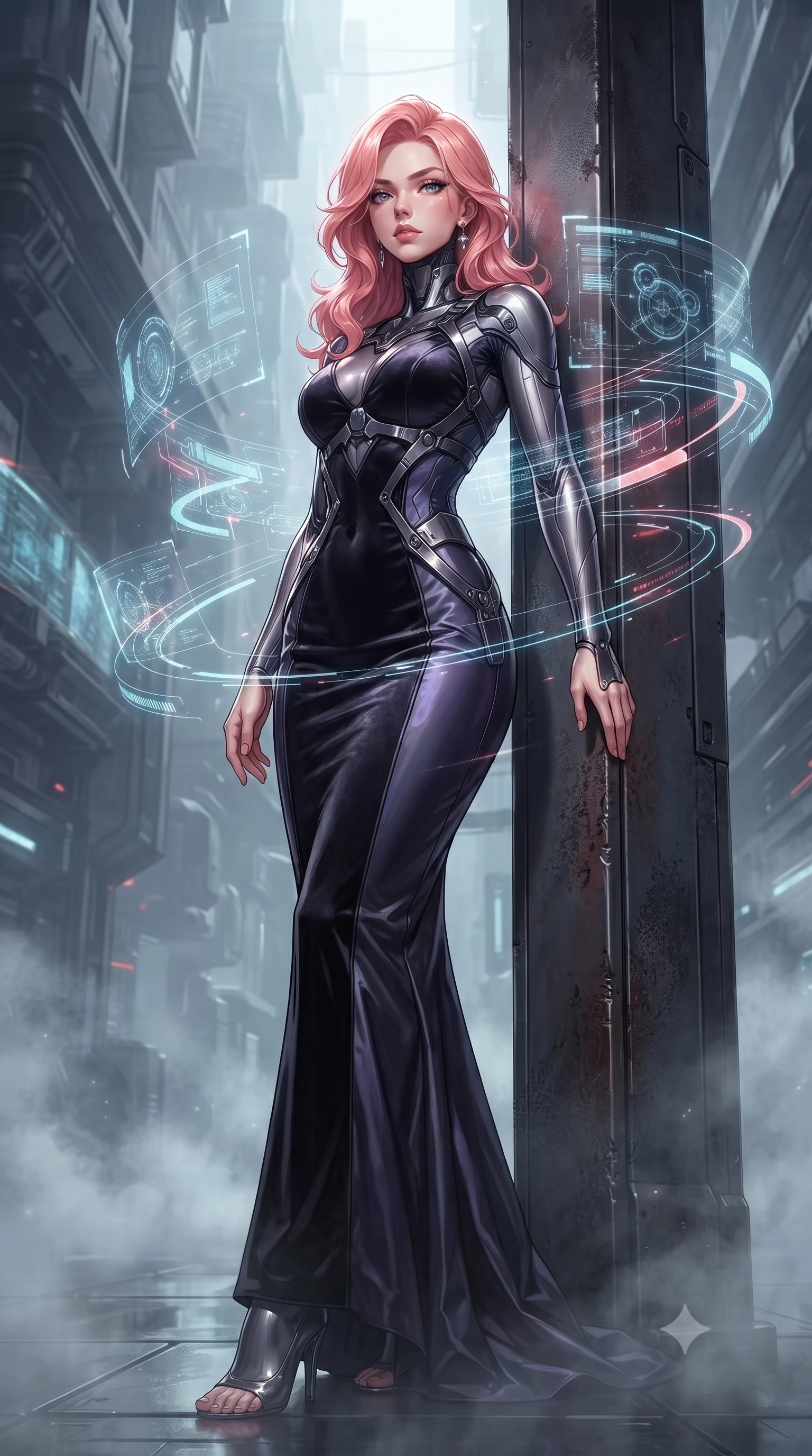 score_9, masterpiece, best quality, ultra-detailed, high-budget anime keyframe, editorial fashion photography, tasteful artistic composition, Japanese woman. low angle full-body shot from head to toe showing her feet, filling the entire 9:16 vertical frame with her statuesque presence, stretching her vertical silhouette. forging confidently through the floating mist, holding a poised statuesque stance, resting against a dark metallic pillar as holographic data streams orbit her form, sculpted athletic form contoured by a second-skin metallic bodysuit. She has an absolutely perfect, statuesque 8.5-heads proportion, an exceptionally tall and slender model-like female figure with impossibly long slender legs and an ultra-slim waist. sharp v-shaped jawline, high-bridge nose, intricate jewel-like eyes with depth, thick eyelashes, glossy lips with a natural sheen. wearing sculpted form-fitting dark velvet column gown in pitch black in dark charcoal gray, made of iridescent dark violet taffeta, highlighted by a gunmetal metallic harness structure, sculpting her athletic slender build with refined precision. lit by intense digital key light piercing through deep cyber shadows. highly saturated vibrant anime colors, detailed shading with soft gradients, rich glossy textures, high-contrast stereoscopic depth, volumetric dynamic lighting, master piece, 9:16 ratio