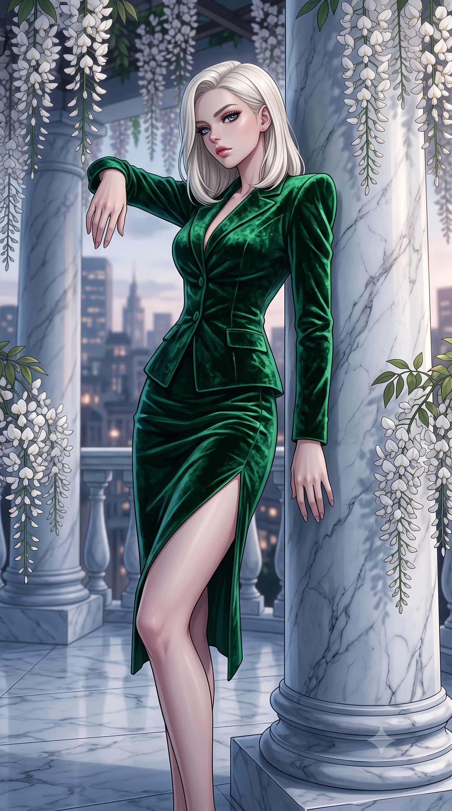 score_9, masterpiece, best quality, ultra-detailed, High-budget Anime Keyframe, Caucasian woman, strictly human ears. Low angle cowboy shot filling the entire 9:16 frame with her statuesque presence. Scenario 437: leaning against a cold marble pillar inside a quiet balcony surrounded by trailing white wisteria flowers. Her presence is magnetic and overpowering in this high-budget anime scene. Outfit 437: a tailored emerald green crushed velvet jacket featuring a high-slit skirt and structured shoulders. The clothing is designed to emphasize her exceptionally tall and slender 8-heads proportion. 8-heads proportion, towering silhouette, ultra-slim waist. sharp v-shaped jawline, intricate jewel-like eyes with depth, thick eyelashes, glossy lips. 2k, ultra detail, master piece, 9:16 ratio