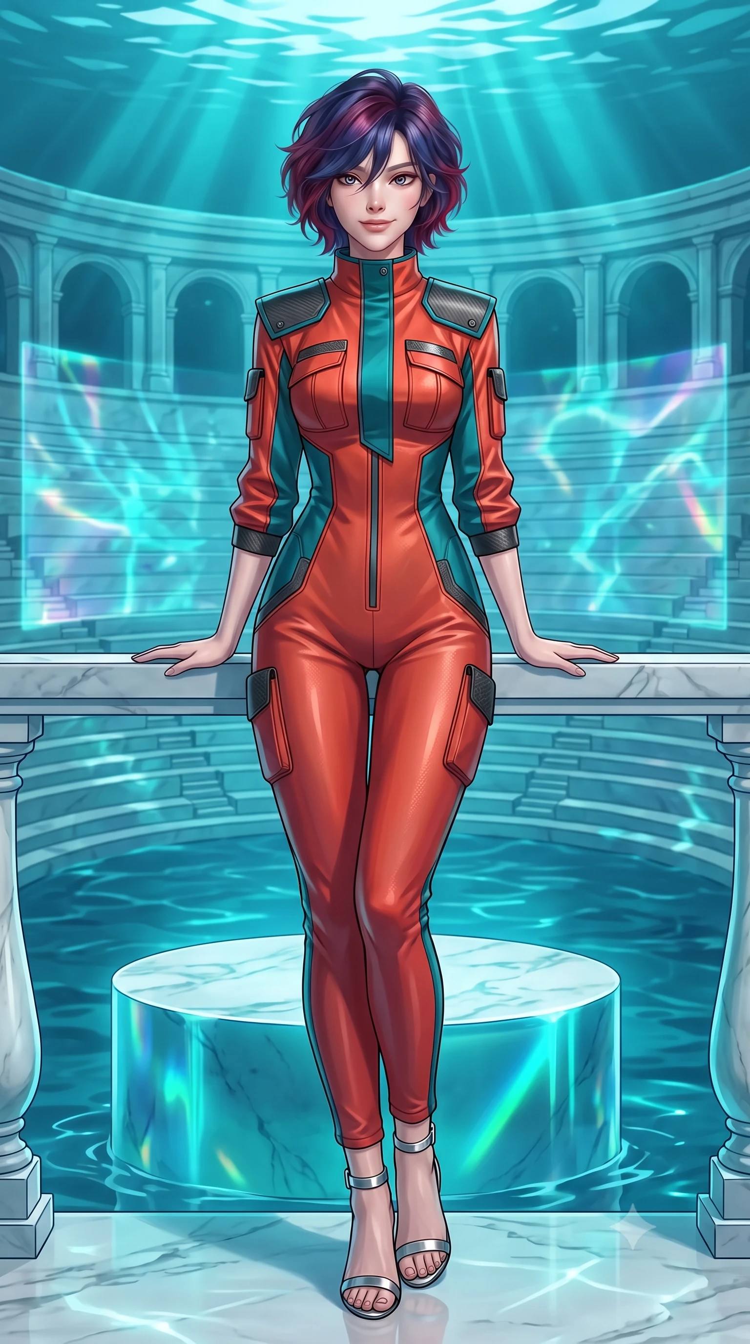 score_9, masterpiece, best quality, ultra-detailed, high-budget anime keyframe, editorial fashion photography, tasteful artistic composition, Korean woman. low angle full-body shot from head to toe showing her feet, filling the entire 9:16 vertical frame with her statuesque presence, stretching her vertical silhouette. leaning deep against the balcony balustrade with hips cocked back in an unapologetically alluring high-fashion stance, casting an intoxicating glance while standing poised on the submerged white marble podium reconstructed with solid cyan hard-light holograms, arching her lower back with sovereign supermodel allure. The surrounding environment is rendered in vivid detail and crisp panoramic clarity: detailed garment drape, high-gloss wet-look sheen, and grand sunken amphitheater architecture in high resolution. She has an exceptionally tall and slender model-like 8.5-heads proportion, an ultra-slim waist, a flat toned midriff, narrow delicate ribcage, and beautifully sculpted feminine hips creating a graceful, slim hourglass silhouette without any bulky heaviness, with impossibly long slender legs. sharp v-shaped jawline, high-bridge nose, intricate jewel-like sparkling eyes with depth, thick eyelashes, glossy parted lips with a natural peach sheen, bright cheerful beaming smile with an enchanting and coquettish sensual glint, exuding both youthful cute charm and seductive allure, flawlessly proportioned anatomical accuracy, strict slender model proportions, natural body alignment, perfectly sculpted long slender limbs, ultra-slim waistline, clean dynamic posture without body distortion. wearing a tailored high-tech safari suit with storm flaps and streamlined utility pockets in matte carbon finish in cyber-shinto vermilion and electric teal, tailored from high-density tech-wool with subtle metallic thread weave, complemented by strappy stiletto sandals with metallic ankle wraps accentuating her slender calves, the impeccably tailored cut draping gracefully along her slender figure with aristocratic poise. bathed in brilliant underwater cyan caustic ribbons and pulsing hard-light holographic projections. ultra-reflective glossy finish, specular highlights, rich textural contrasts, high-contrast stereoscopic depth, volumetric dynamic lighting, 2k, ultra detail, master piece, 9:16 ratio