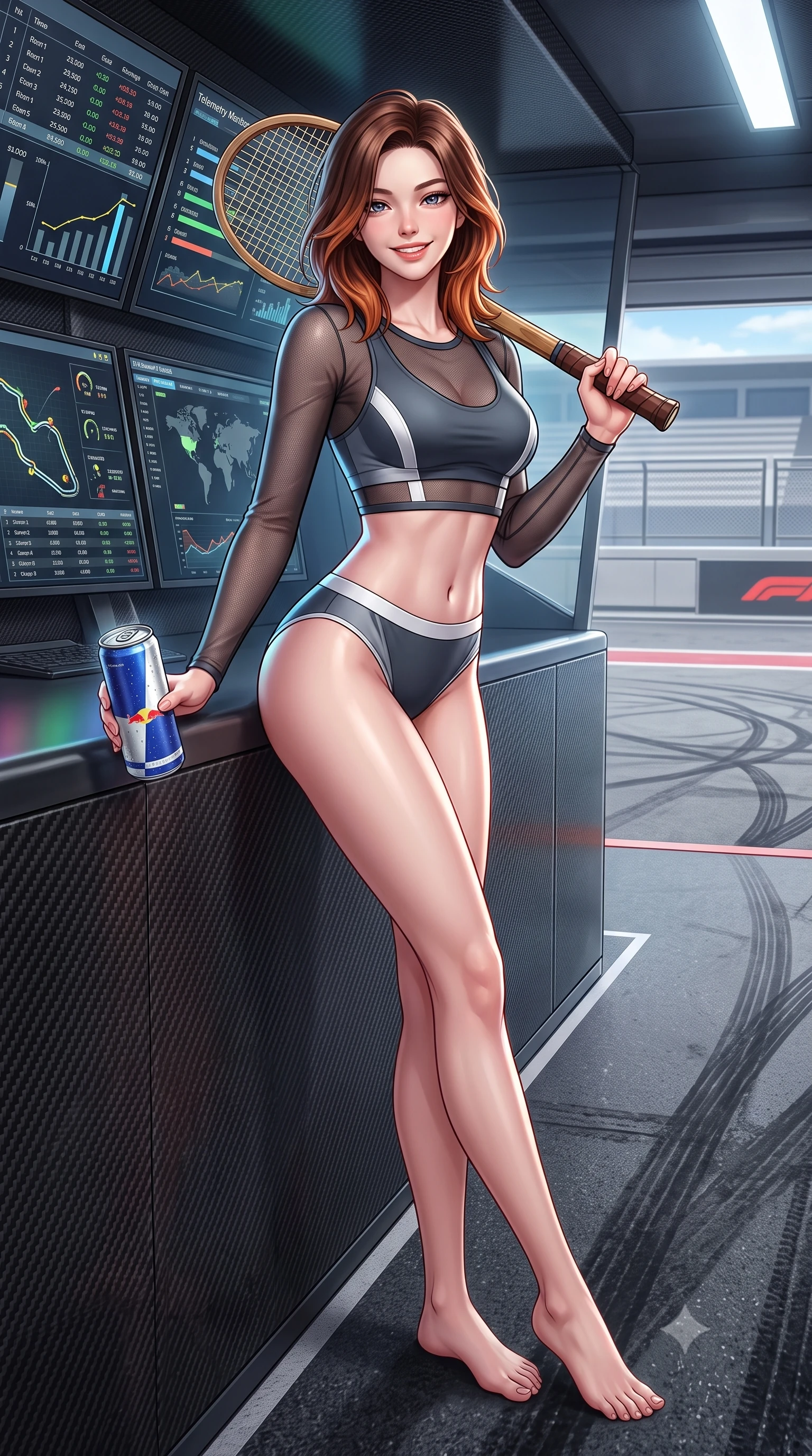 score_9, masterpiece, best quality, ultra-detailed, high-budget anime keyframe, semi-realistic 3D game render, editorial fashion photography, tasteful artistic composition, Korean woman. low angle full-body shot from head to toe showing her feet, filling the entire 9:16 vertical frame with her statuesque presence, stretching her vertical silhouette. leaning deep against the pit lane barrier with hips cocked back in an unapologetically alluring high-fashion stance, flashing a warm beaming smile while lounging in the private air-conditioned paddock suite with legs crossed, holding a chilled energy drink while flashing a dangerous, playful half-smile. The surrounding environment is rendered in vivid detail and crisp panoramic clarity: sharp telemetry monitor graphic screens, carbon pit wall panel textures, and asphalt tire rubber scuffs in deep focus. She has an absolutely perfect, statuesque 8.5-heads proportion, an exceptionally tall and slender model-like female figure with impossibly long slender legs, an ultra-slim waist, a flat toned midriff, narrow delicate ribcage, and beautifully sculpted feminine hips creating a graceful, slim hourglass silhouette without any bulky heaviness. sharp v-shaped jawline, high-bridge nose, sparkling eyes with athletic focus and depth, thick curled eyelashes, glossy parted lips with a natural coral-peach sheen, bright confident and coquettish smile with alluring bedroom-eyes, exuding both youthful sporty vigor and sovereign high-society glamour, flawlessly proportioned anatomical accuracy, strict slender model proportions, natural body alignment, perfectly sculpted long slender limbs, ultra-slim waistline, clean dynamic posture without body distortion. wearing a sheer athletic mesh long-sleeve crop top layered over an opaque racing bralette and high-cut tennis briefs in speedway charcoal slate and optic white accents, tailored from crisp cotton poplin with clean aerodynamic structural lines, featuring a vintage wooden tennis racket held casually over one shoulder, the glove-like aerodynamic silhouette tightly following the natural contour of her hips and long slender legs with youthful 8.5-heads elegance. illuminated by telemetry screen bounce and sharp platinum rim lights carving her razor-sharp jawline, narrow waist, and curvy hips. highly saturated vibrant anime colors, detailed shading with soft gradients, rich glossy textures, high-contrast stereoscopic depth, volumetric dynamic lighting, master piece, 9:16 ratio