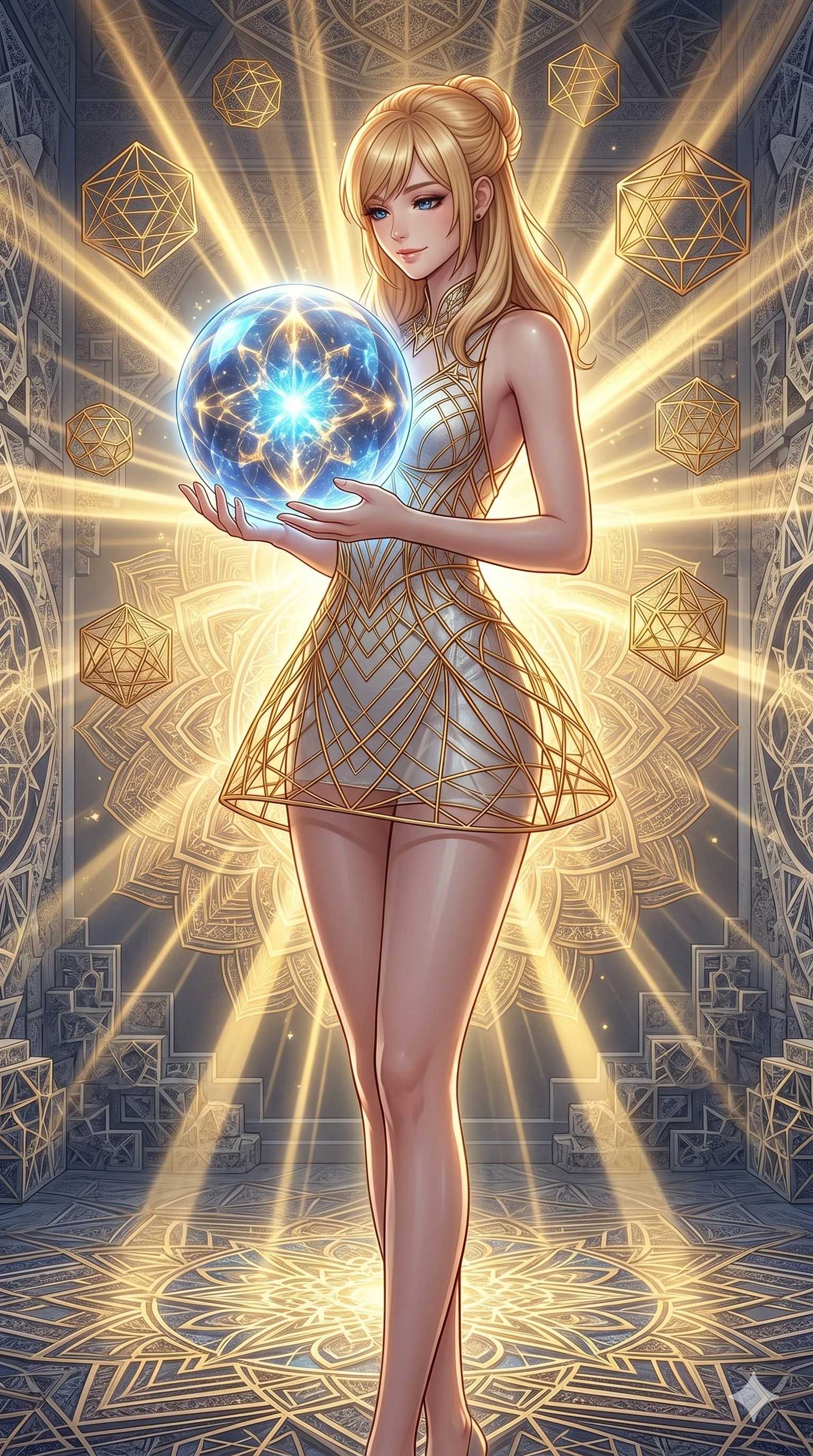 score_9, masterpiece, best quality, ultra-detailed, high-budget anime keyframe, editorial fashion photography, tasteful artistic composition, Caucasian woman, strictly human ears. cowboy shot from the thighs up, character and outfit filling the frame for maximum editorial presence. holding a floating glowing crystal sphere in her hand, looking down with a serene and powerful smile in a mathematical mandala temple with floating golden geometry (Code-P16-019). She has an absolutely perfect 8-heads proportion, an exceptionally tall and slender female figure with impossibly long slender legs and an ultra-slim waist. V-shaped jawline, high-bridge nose, intricate jewel-like eyes with depth, thick eyelashes, glossy lips with a natural sheen. wearing a crystalline structure mini-dress with gold wire frames and a scooped open back. brilliant golden rays radiating from the center mandala, creating a holy glowing aura. 2k, ultra detail, master piece, 9:16 ratio