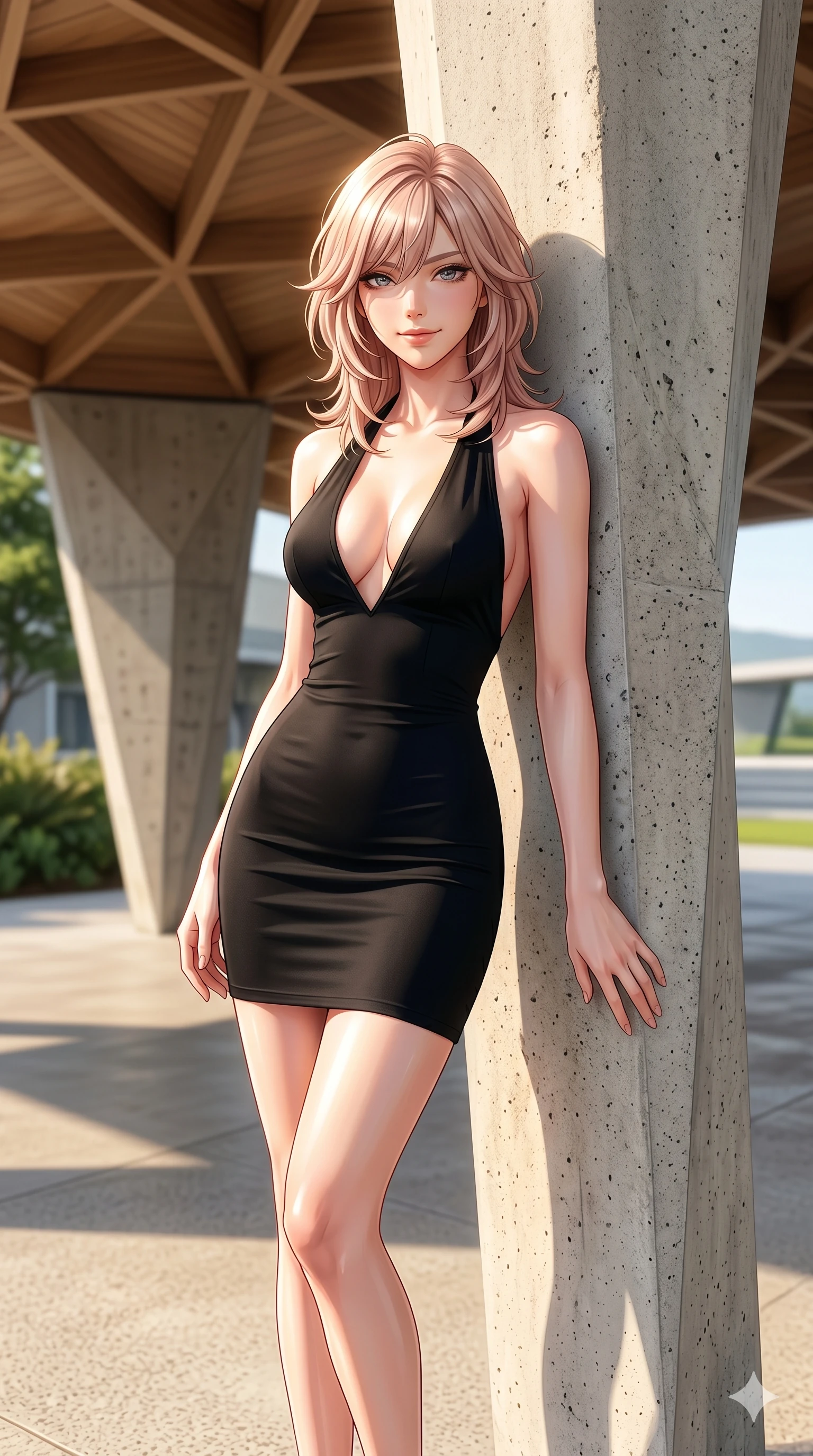 score_9, masterpiece, best quality, ultra-detailed, high-budget anime keyframe, editorial fashion photography, tasteful artistic composition, Japanese woman. cowboy shot from the thighs up, character and outfit filling the frame for maximum editorial presence. smiling with quiet magnetic self-assurance, looking directly at the viewer leaning against a concrete pillar of a modern outdoor pavilion. She has an absolutely perfect 8-heads proportion, an exceptionally tall and slender female figure with impossibly long slender legs and an ultra-slim waist. V-shaped jawline, high-bridge nose, intricate jewel-like eyes with depth, thick eyelashes, glossy lips with a natural sheen. wearing a sleek form-fitting black bodycon dress with a dramatic plunging neckline and halter straps. drenched in brilliant afternoon sunshine making her skin look luminous and glowing. 2k, ultra detail, master piece, 9:16 ratio