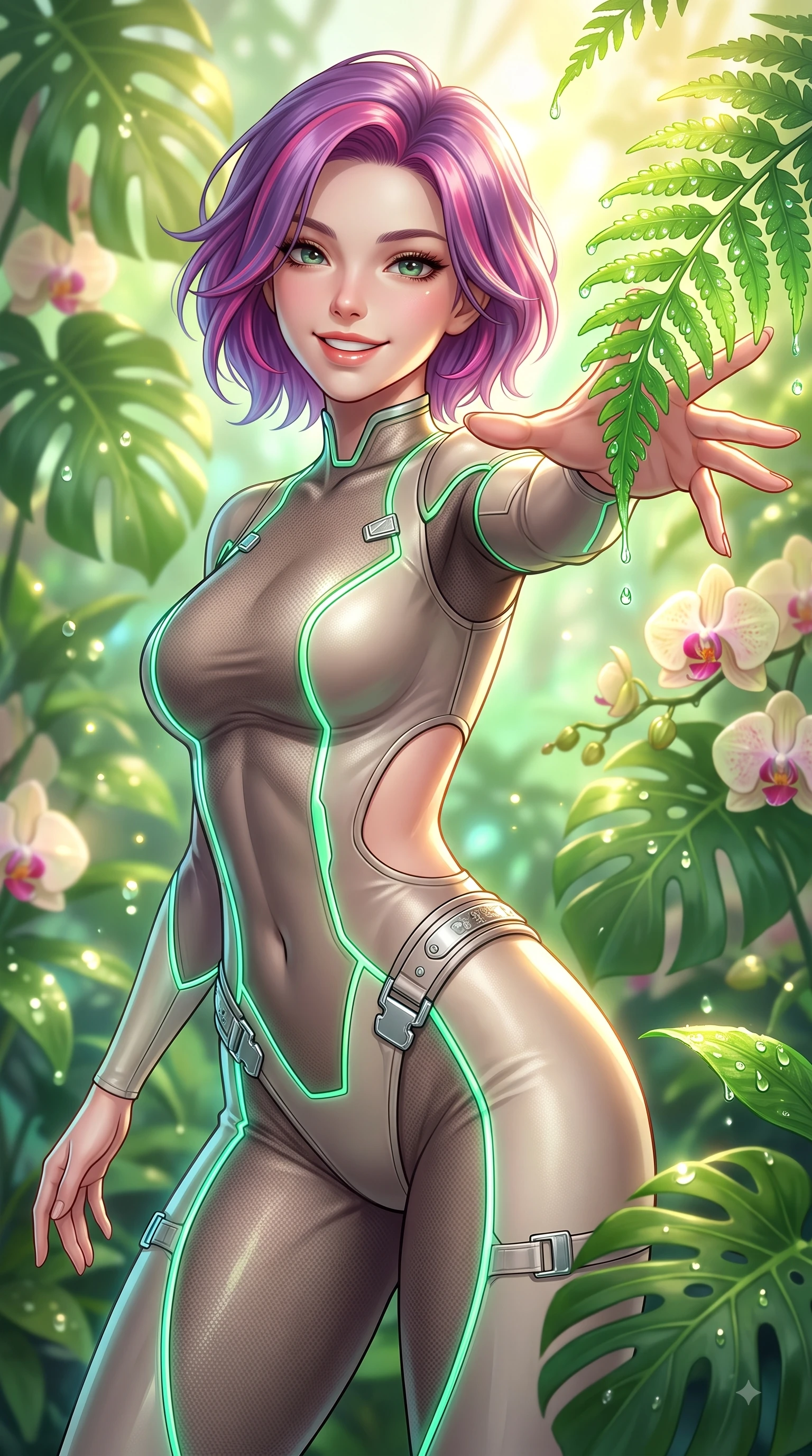 score_9, masterpiece, best quality, ultra-detailed, high-budget anime keyframe, editorial fashion photography, tasteful artistic composition, Caucasian woman. close-up cowboy shot from the waist and thighs up, the character dominates the composition, filling the frame with her large presence, background elements kept in soft focus. Youthful bright smile exuding pure cute charm and fresh energy, her torso turning dynamically into the lens while reaching one arm out cheerfully to touch a bioluminescent green fern leaf dripping with dew, dewdrops on lush green Monstera leaves and orchids scattering bright specular highlights. She has an exceptionally elegant, slender, and willowy female figure with an ultra-slim waist, a gracefully sculpted slender torso, and a refined silhouette. sharp v-shaped jawline, high-bridge nose, intricate jewel-like eyes with depth, thick eyelashes, glossy lips with a natural sheen, flawlessly proportioned anatomical accuracy, natural body alignment, perfectly sculpted elegant limbs, clean dynamic posture without body distortion. wearing a skin-tight cybernetic bodysuit with glowing neon seams and side cutouts in muted taupe and soft ivory, made of fine carbon-fiber weave and soft matte leather, detailed with polished silver buckles along the waistline, the sleek second-skin texture accentuating her magnetic presence. bathed in brilliant golden sunlight and fresh green botanical ambient glow. highly saturated vibrant anime colors, detailed shading with soft gradients, rich glossy textures, high-contrast stereoscopic depth, volumetric dynamic lighting, master piece, 9:16 ratio