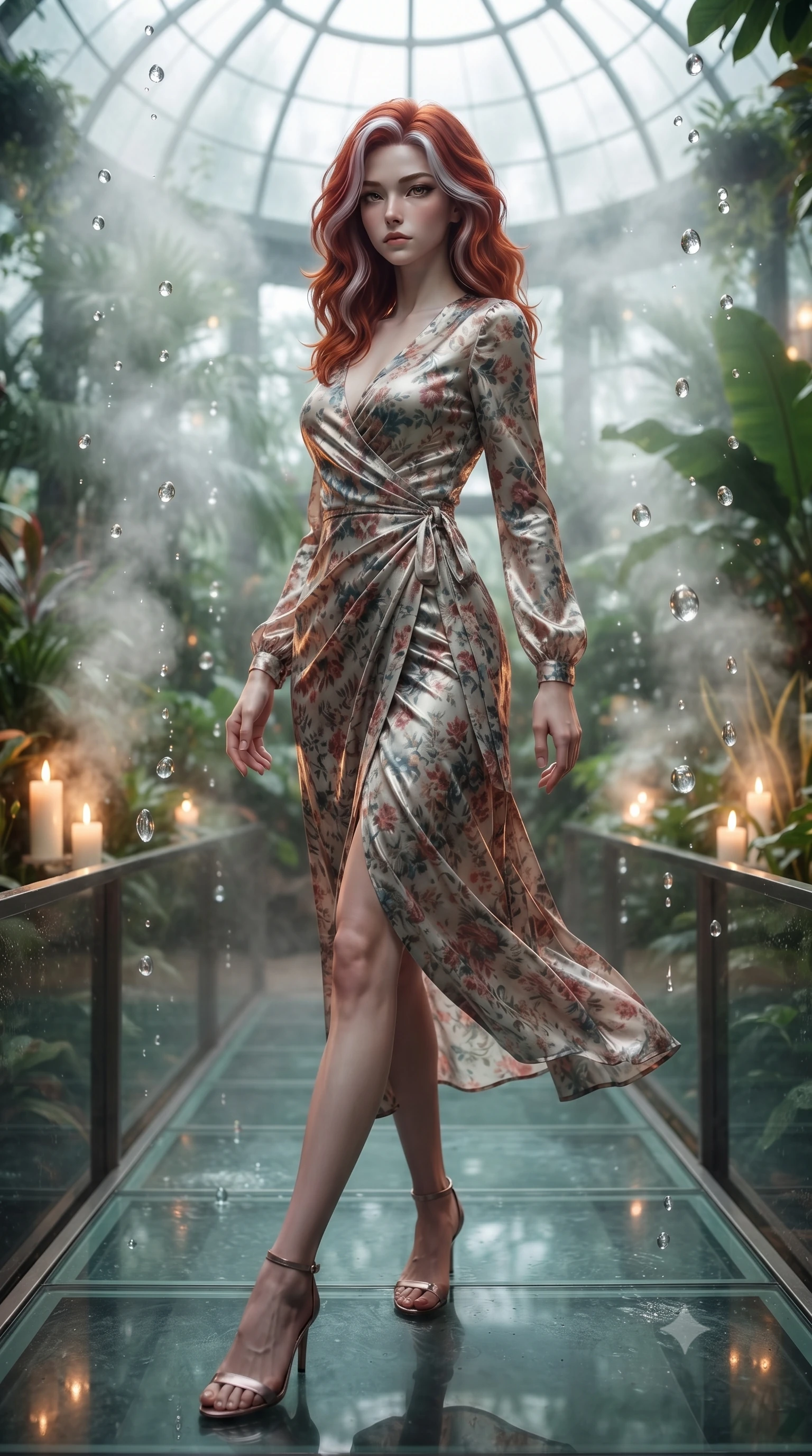 score_9, masterpiece, best quality, ultra-detailed, high-budget anime keyframe, editorial fashion photography, tasteful artistic composition, Caucasian woman. low angle full-body shot from head to toe showing her feet, filling the entire 9:16 vertical frame with her statuesque presence, stretching her vertical silhouette. stepping gracefully while looking back over her shoulder, her dress draped tightly to reveal her silhouette the background shows a soft-focus a glass dome botanical garden in the desert, filled with tropical plants and steam. She has an absolutely perfect, statuesque 8.5-heads proportion, an exceptionally tall and slender model-like female figure with impossibly long slender legs and an ultra-slim waist. sharp v-shaped jawline, high-bridge nose, intricate jewel-like eyes with depth, thick eyelashes, glossy lips with a natural sheen. wearing a slim-fit flowy floral-patterned wrap dress with long sleeves and a modest V-neck. soft flickering candle glow refracting through the moving water droplets. ultra-reflective glossy finish, specular highlights, metallic sheen, high-contrast stereoscopic depth, volumetric dynamic lighting, 2k, ultra detail, master piece, 9:16 ratio
