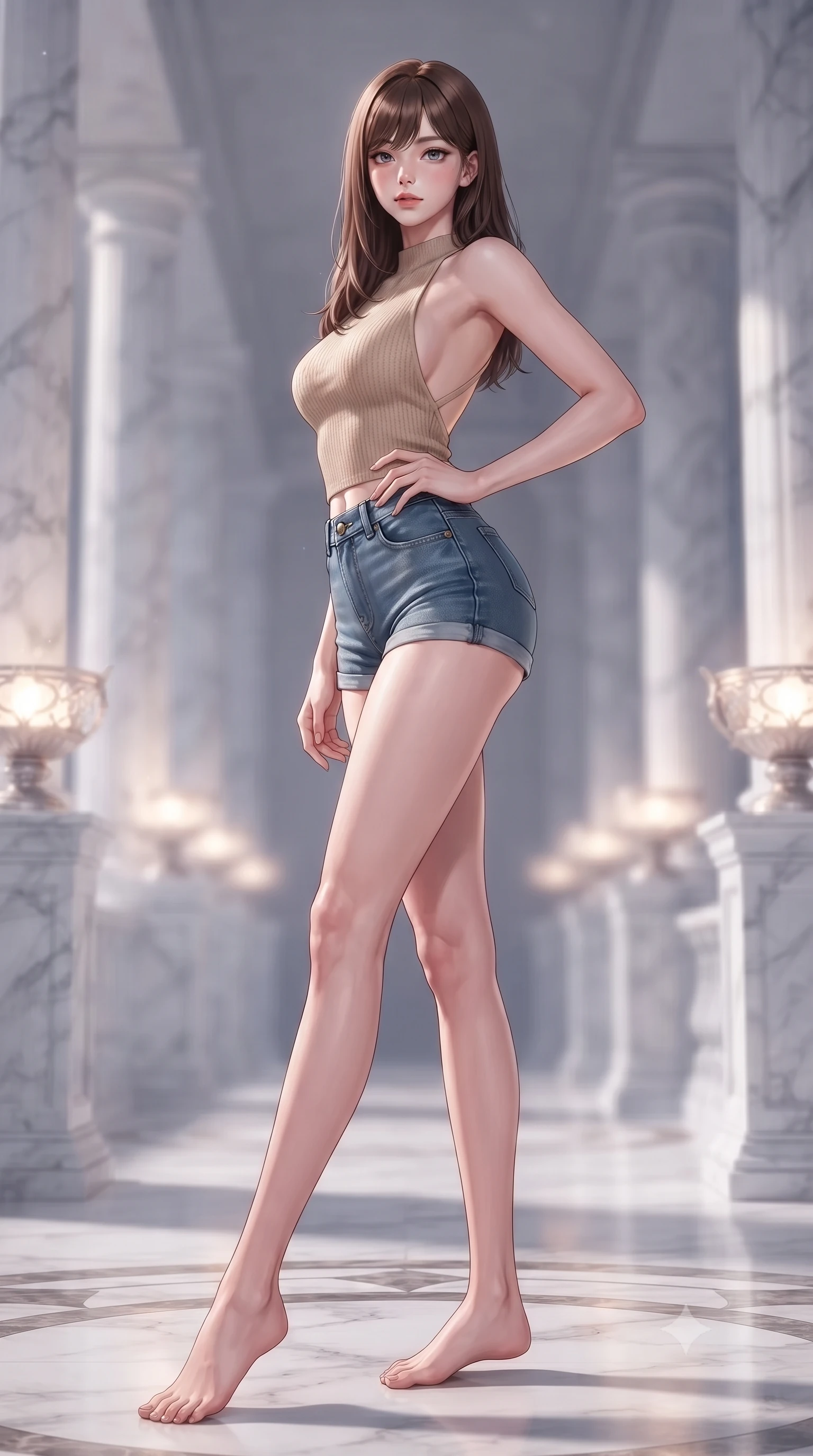 score_9, masterpiece, best quality, ultra-detailed, high-budget anime keyframe, editorial fashion photography, tasteful artistic composition, Korean woman. low angle full-body shot from head to toe showing her feet, filling the entire 9:16 vertical frame with her statuesque presence, stretching her vertical silhouette. posing confidently with one hand on her hip, stretching her statuesque body to emphasize her curves the background shows a soft-focus a quiet sanctuary terrace lined with white marble pillars and glowing starlight urns. She has an absolutely perfect, statuesque 8.5-heads proportion, an exceptionally tall and slender model-like female figure with impossibly long slender legs and an ultra-slim waist. sharp v-shaped jawline, high-bridge nose, intricate jewel-like eyes with depth, thick eyelashes, glossy lips with a natural sheen. wearing a body-hugging backless knit top in beige wool, paired with high-waisted denim shorts. soft diffused ambient starlight casting gentle shadows across her form. highly saturated vibrant anime colors, detailed shading with soft gradients, rich glossy textures, high-contrast stereoscopic depth, volumetric dynamic lighting, master piece, 9:16 ratio