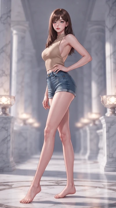 score_9, masterpiece, best quality, ultra-detailed, high-budget anime keyframe, editorial fashion photography, tasteful artistic composition, Korean woman. low angle full-body shot from head to toe showing her feet, filling the entire 9:16 vertical f