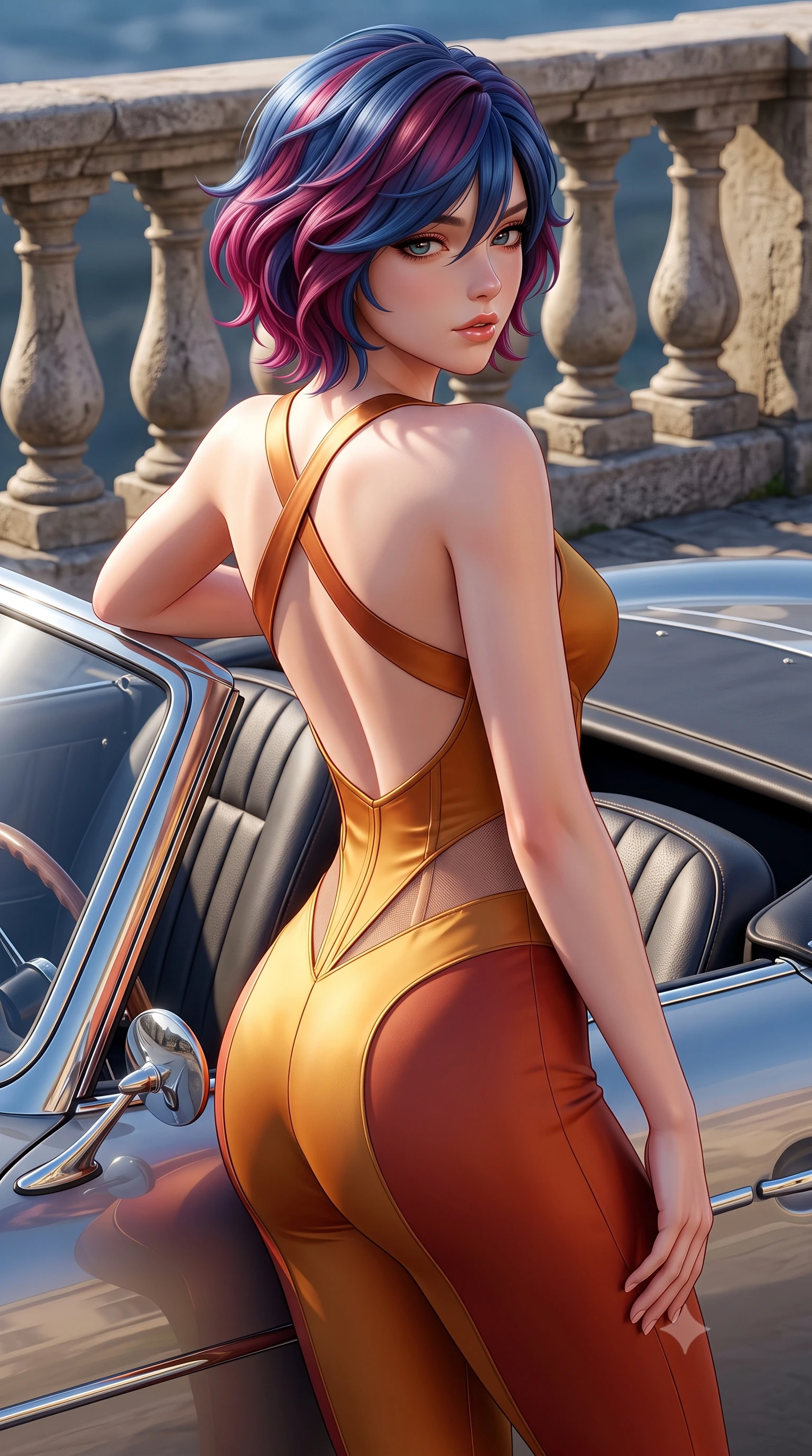 score_9, masterpiece, best quality, ultra-detailed, high-budget anime keyframe, semi-realistic 3D game render, editorial fashion photography, tasteful artistic composition, Korean woman. close-up cowboy shot from the waist and thighs up, the character dominates the composition, filling the frame with her large presence. twisting her slender torso in a deep contrapposto stance, hips dramatically shifted to accentuate her feminine curves while looking past her shoulder with smoldering bedroom-eyes while leaning against the chrome windshield frame of the sports car with hips cocked back, looking back over her bare shoulder with sun-dazed bedroom-eyes. The surrounding environment is rendered in vivid detail and crisp panoramic clarity. sharp vintage car chrome accents, stitched leather seat seams, and weathered stone railing in deep focus. She has an exceptionally elegant, slender, and willowy female figure with an ultra-slim waist, flat toned midriff, narrow ribcage, and sculpted feminine hips creating an alluring, slim hourglass silhouette without bulk. sharp v-shaped jawline, high-bridge nose, intricate jewel-like eyes with depth, thick eyelashes, glossy parted lips with a natural sheen, intensely captivating and seductive bedroom-eyes expression, flawlessly proportioned anatomical accuracy, strict slender model proportions, natural body alignment, perfectly sculpted long slender limbs, ultra-slim waistline, clean dynamic posture without body distortion. wearing a second-skin compression catsuit with an open back and sheer mesh side waist contouring in molten desert gold and burnt terracotta, made of fluid silk crepe with delicate inner corsetry boning, finished with criss-cross back satin straps highlighting her graceful shoulder blades, the precision-cut side openings and low-back scoop framing her graceful spine and the sensual sweep of her slim, toned hips. surrounded by a carefree, elite, and irresistibly magnetic Saint-Tropez heiress aura. highly saturated vibrant anime colors, detailed shading with soft gradients, rich glossy textures, high-contrast stereoscopic depth, volumetric dynamic lighting, master piece, 9:16 ratio
