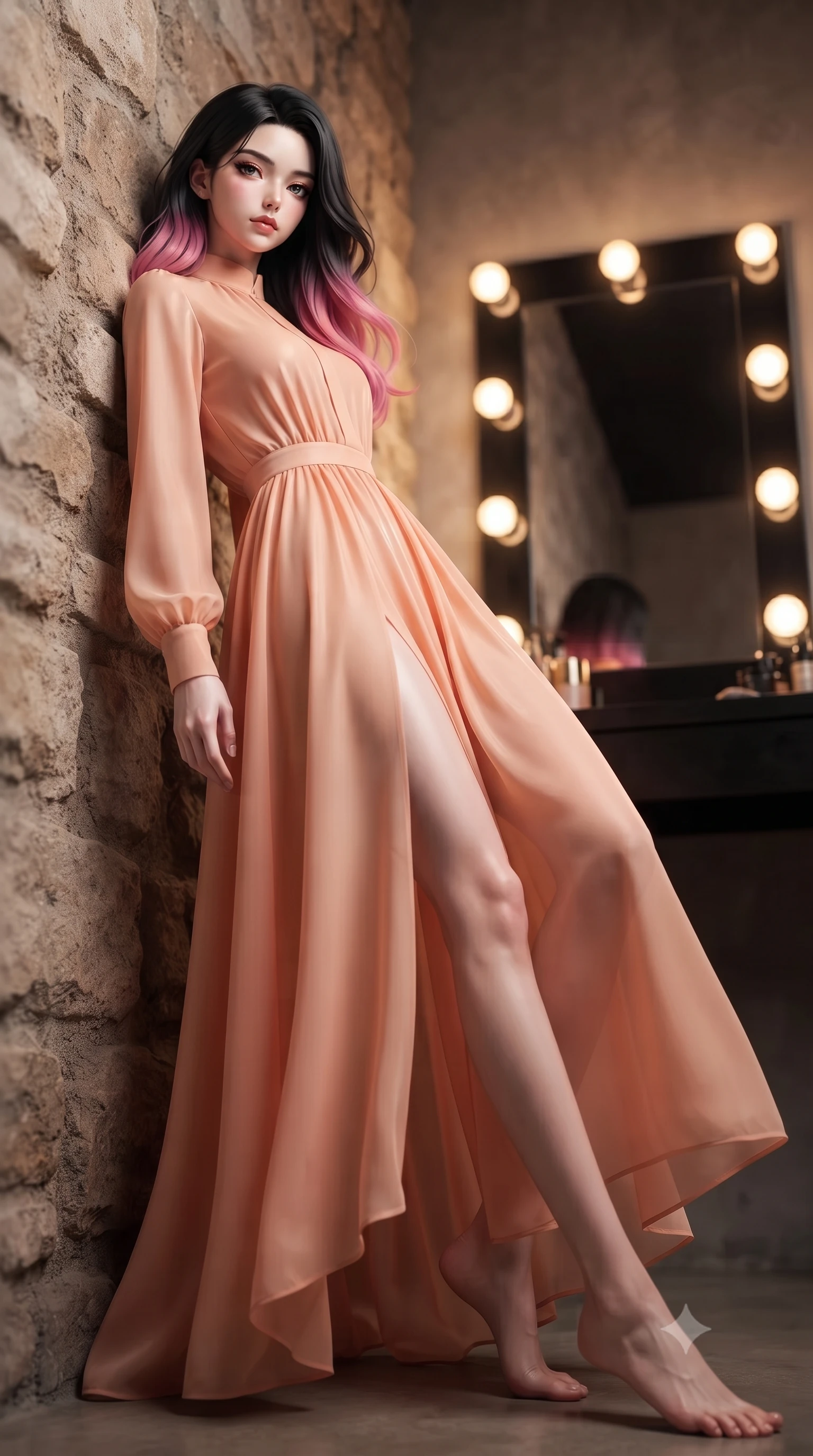 score_9, masterpiece, best quality, ultra-detailed, high-budget anime keyframe, editorial fashion photography, tasteful artistic composition, Korean woman woman. low angle full-body shot from head to toe showing her feet, filling the entire 9:16 vertical frame with her statuesque presence, stretching her vertical silhouette. leaning back against a rustic stone wall, casting a slow, alluring gaze at the camera the background shows a soft-focus a private dressing room with a vanity mirror of black glass and warm round lightbulbs. She has an absolutely perfect, statuesque 8.5-heads proportion, an exceptionally tall and slender model-like female figure with impossibly long slender legs and an ultra-slim waist. sharp v-shaped jawline, high-bridge nose, intricate jewel-like eyes with depth, thick eyelashes, glossy lips with a natural sheen. wearing a tailored flowy peach-colored chiffon lounge gown with long sleeves and a modest high collar. bright vanity spotlights casting clear, detailed front lighting and soft back shadow. ultra-reflective glossy finish, specular highlights, metallic sheen, high-contrast stereoscopic depth, volumetric dynamic lighting, 2k, ultra detail, master piece, 9:16 ratio