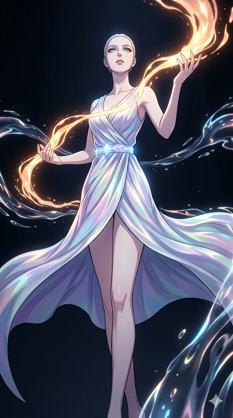 score_9, masterpiece, best quality, ultra-detailed, High-budget Anime Keyframe, vibrant colors, fluid line-art, expressive lighting, cinematic composition, Ufotable-style visual effects, top-tier animation quality, Caucasian woman with pale skin and refined features. Low angle cowboy shot filling the entire 9:16 frame with her statuesque presence, looking up to emphasize her height. Guiding a stream of molten starlight through a dark, sound-sensitive void. She has an absolutely perfect 8-heads proportion, an exceptionally tall and slender female figure with impossibly long slender legs and an ultra-slim waist, her statuesque height and towering silhouette dominating the vertical 9:16 frame. Her face is a masterpiece featuring a sharp v-shaped jawline, high-bridge nose, intricate jewel-like eyes with depth, thick eyelashes, and glossy lips with a natural sheen. She is wearing a Iridescent silk wrap-dress that flows like water, secured by a glowing crystalline belt. The scene is set in a chamber of echoes where every sound creates beautiful liquid patterns in the air. 2k, ultra detail, master piece, 9:16 ratio