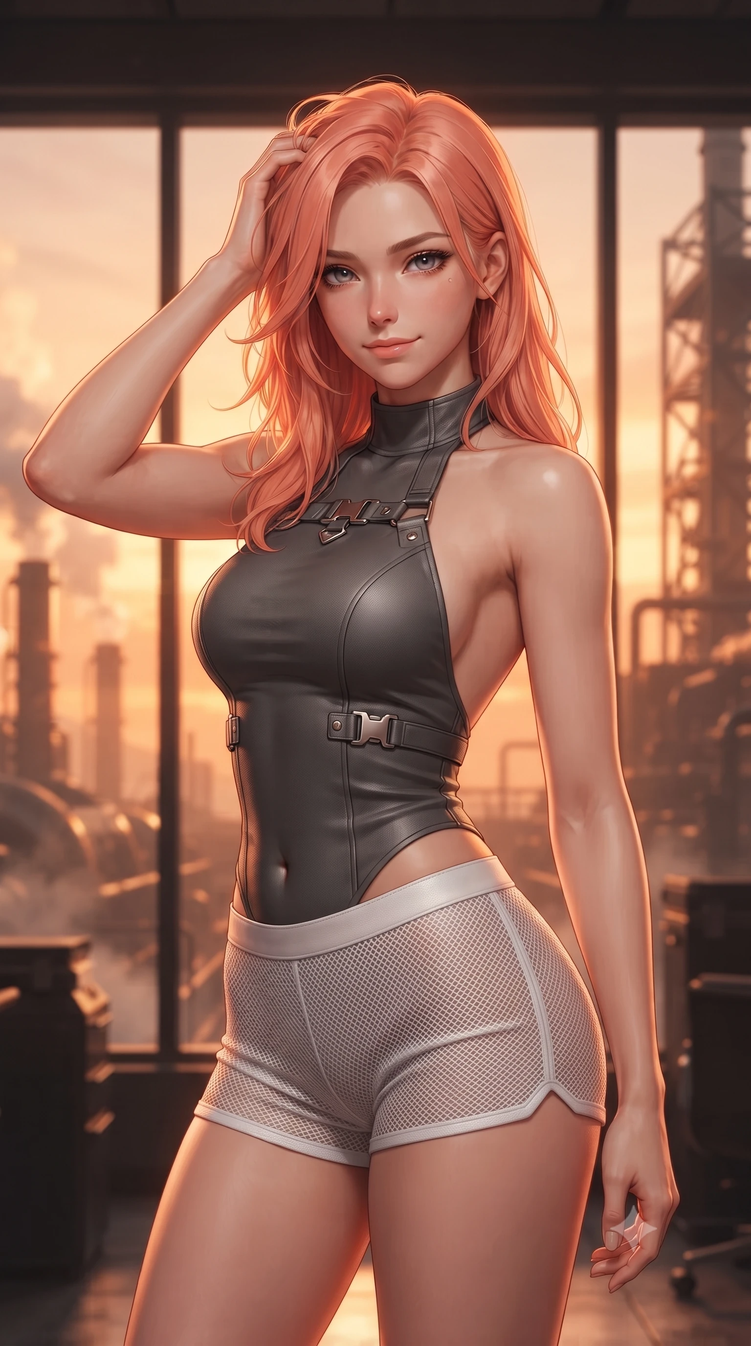 score_9, masterpiece, best quality, ultra-detailed, high-budget anime keyframe, editorial fashion photography, tasteful artistic composition, Japanese woman. close-up cowboy shot from the waist and thighs up, the character dominates the composition, filling the frame with her large presence, background elements kept in soft focus. slowly running a hand through her hair, smiling with quiet, magnetic self-assurance directly into the camera, the background shows a soft-focus a private office cabin in a foundry with glass windows showing steam vents. She has an exceptionally elegant, slender, and willowy female figure with an ultra-slim waist, a gracefully sculpted slender torso, and a refined silhouette. sharp v-shaped jawline, high-bridge nose, intricate jewel-like eyes with depth, thick eyelashes, glossy lips with a natural sheen. wearing a form-contouring backless combat halter top in charcoal grey, paired with white carbon-mesh micro-shorts. warm sunset light filtering through copper window grids, painting the room in orange. ultra-reflective glossy finish, specular highlights, metallic sheen, high-contrast stereoscopic depth, volumetric dynamic lighting, 2k, ultra detail, master piece, 9:16 ratio