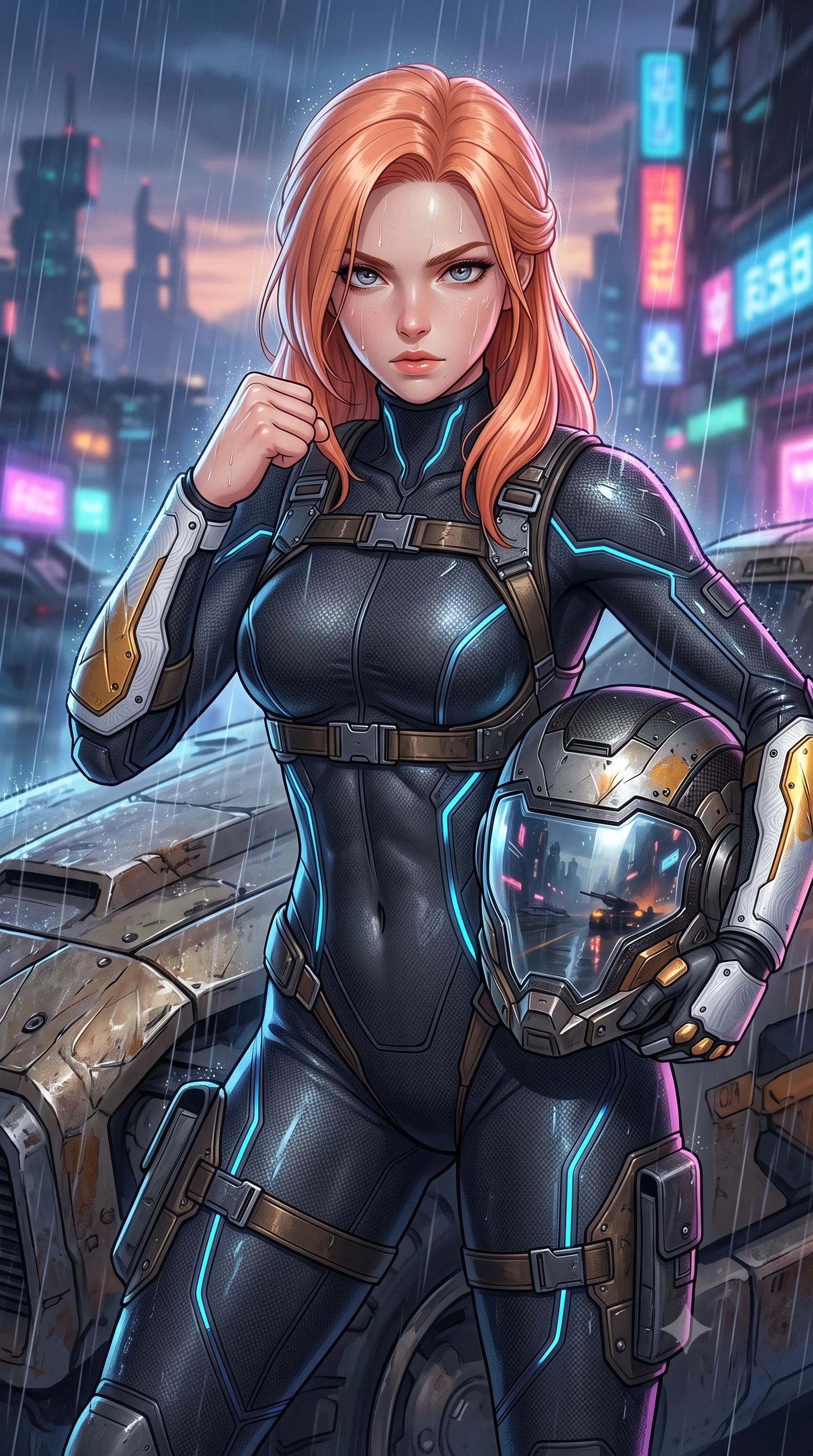score_9, masterpiece, best quality, ultra-detailed, high-budget anime keyframe, semi-realistic 3D game render, editorial fashion photography, tasteful artistic composition, Japanese woman. close-up cowboy shot from the waist and thighs up, the character dominates the composition, filling the frame with her large presence. in a razor-sharp Panzer Kunst fighting guard with raised fists, captivating jewel-like eyes locked onto the viewer with fierce, resolute determination while resting one hand on the mechanical hull with an intense, smoldering gaze looking directly into the camera. The surrounding environment is rendered in vivid detail and crisp panoramic clarity. detailed carbon helmet shell textures, transparent visor reflections, and scorched titanium armor plates in deep focus. She has an exceptionally elegant, slender, and willowy female figure with an ultra-slim waist, a gracefully sculpted slender torso, toned flat midriff, and a refined slim silhouette. sharp v-shaped jawline, high-bridge nose, intricate jewel-like eyes with depth, thick eyelashes, glossy lips with a natural sheen, fierce and resolute heroine expression, flawlessly proportioned anatomical accuracy, strict slender model proportions, natural body alignment, perfectly sculpted long slender limbs, ultra-slim waistline, clean dynamic posture without body distortion. holding a modular carbon battle-helmet under one arm, her flawless face and sculpted neck exposed to the rain with determined warrior focus, paired with a skin-tight dark carbon-weave combat bodysuit with glowing neon energy conduits and reinforced Damascus-pattern forearm strike guards in arctic white carbon composite with scratched solar gold armor plating, made of lightweight aerodynamic carbon-titanium alloy with precision-beveled armor seams, reinforced by a heavy-duty titanium tactical harness and glowing micro-energy status straps, the liquid-tight tailored fabric emphasizing every curve of her tall, slender model proportions and sculptured silhouette during dynamic movement. surrounded by a triumphant, exhausted yet indomitable lone heroine sovereignty aura. rich saturated anime colors with glowing neon highlights, detailed shading with soft gradients, rich glossy textures, high-contrast stereoscopic depth, volumetric dynamic lighting, master piece, 9:16 ratio